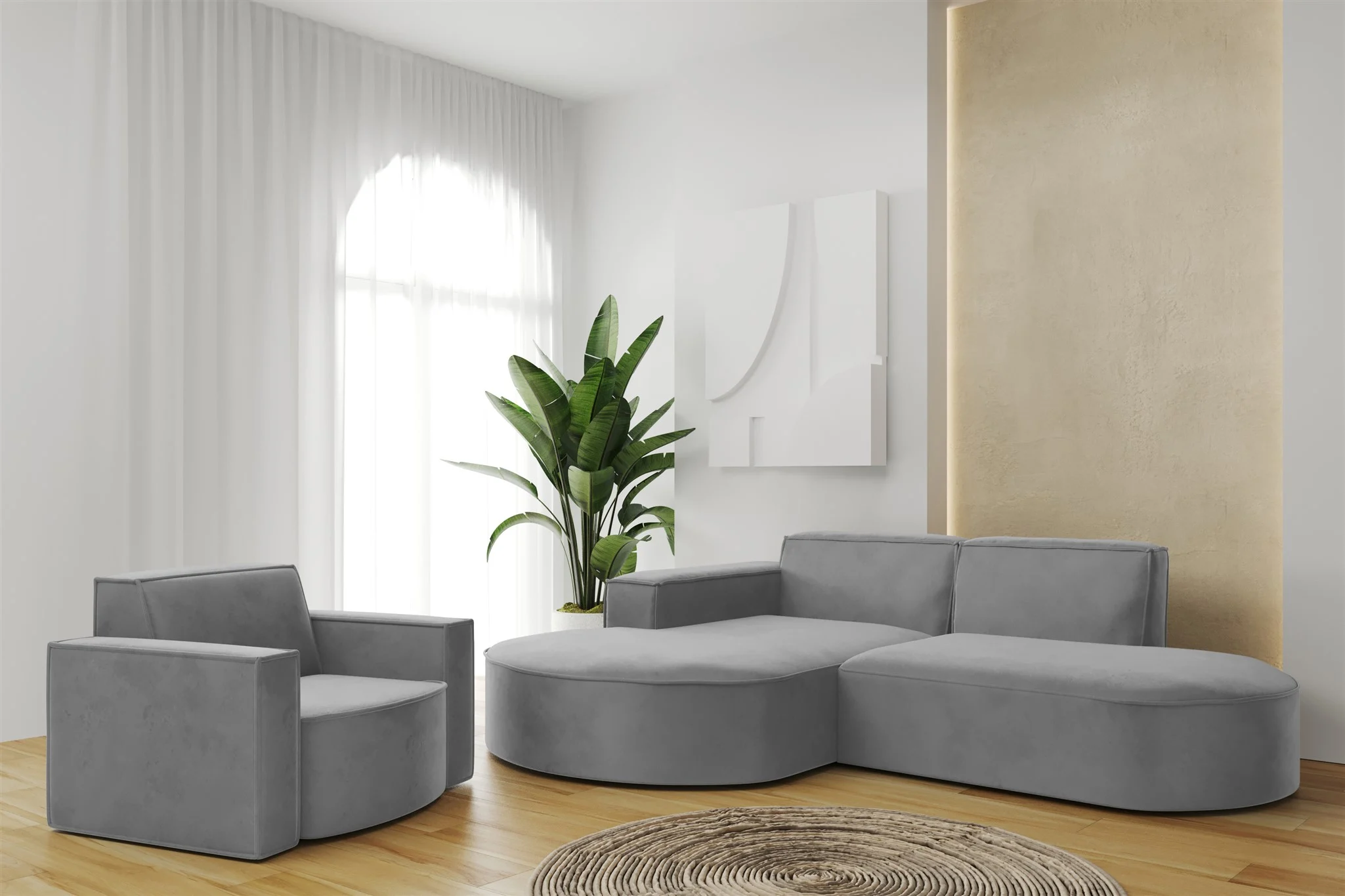Sofa Set 2-teilig Sessel und Ecksofa PALMA XS Stoff Opera Grau Ottomane Links