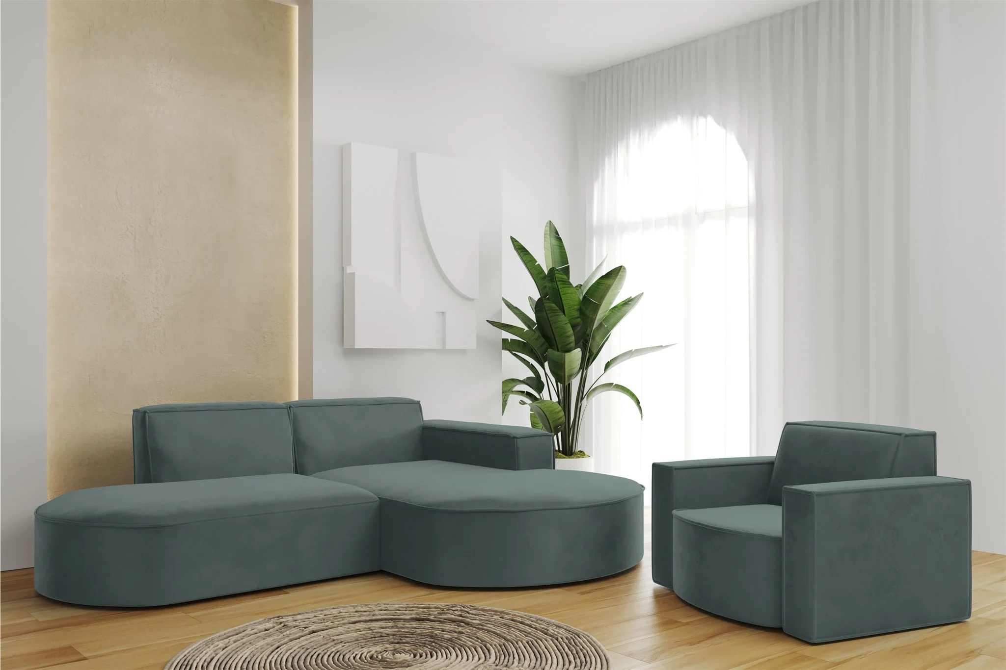 Sofa Set 2-teilig Sessel und Ecksofa PALMA XS Opera Opalgrün Ottomane Rechts