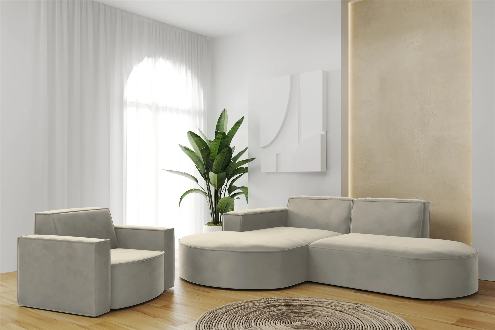 Sofa Set 2-teilig Sessel und Ecksofa PALMA XS Stoff Opera Pearl Ottomane Links