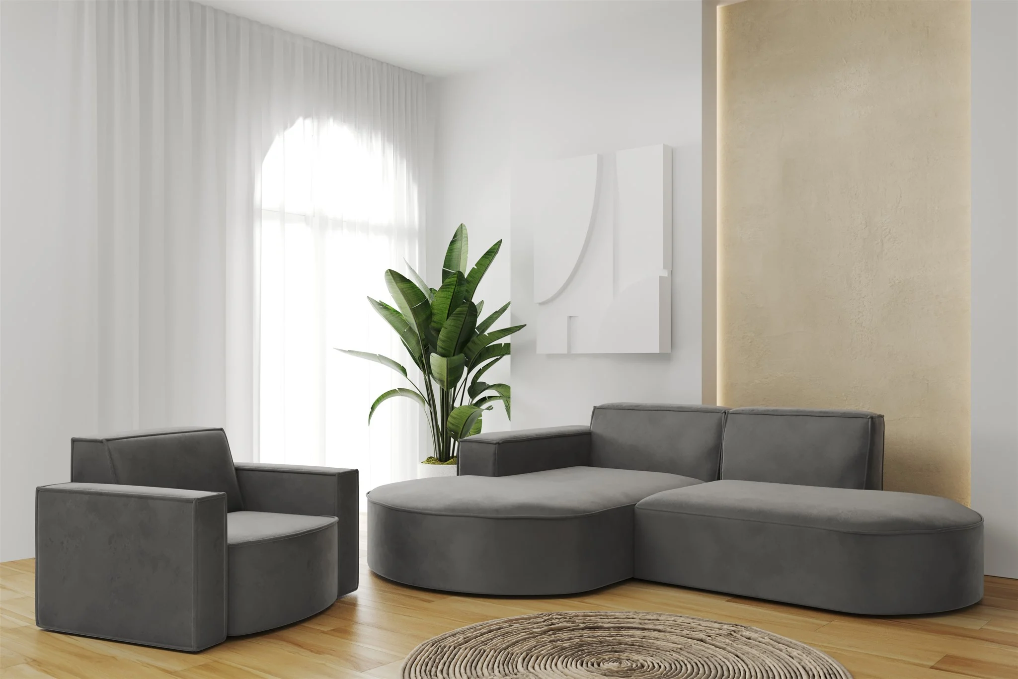 Sofa Set 2-teilig Sessel und Ecksofa PALMA XS Stoff Opera Steel Ottomane Links