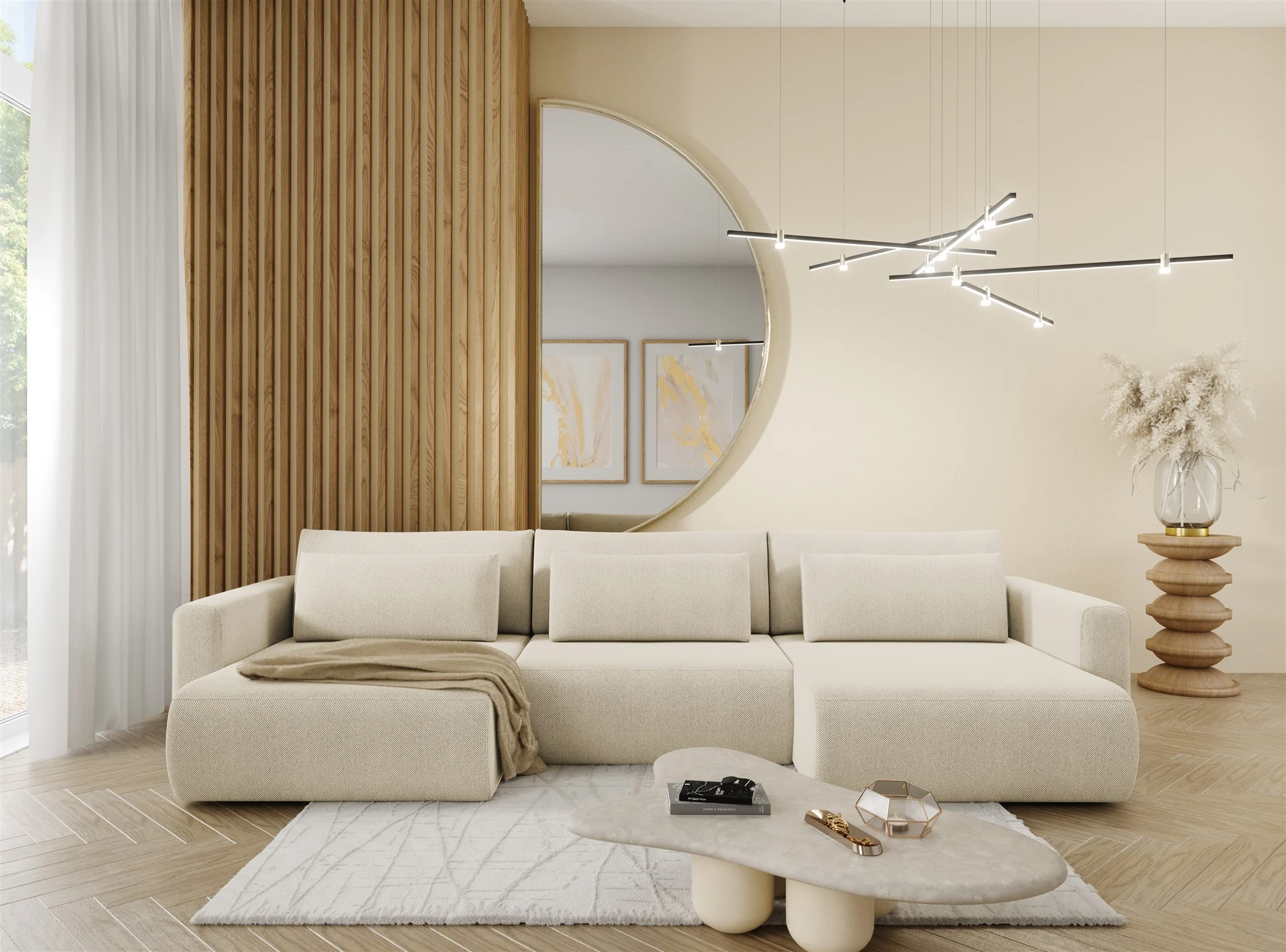 Wohnlandschaft Sofa mit Schlaffunktion CHAIRA Stoff Curio Hellbeige - Fun Möbel