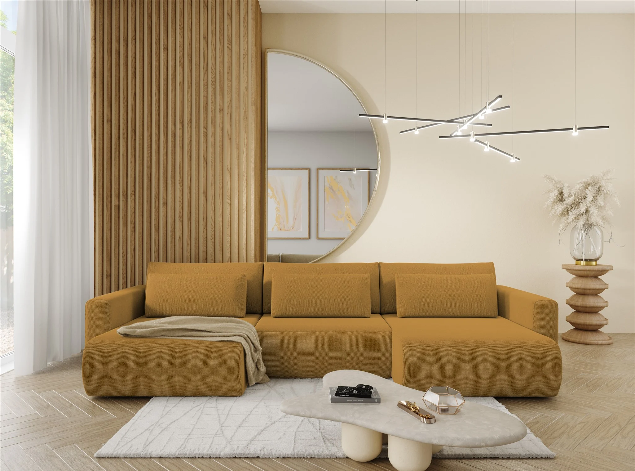 Wohnlandschaft Sofa mit Schlaffunktion CHAIRA Stoff Curio Senfgelb - Fun Möbel