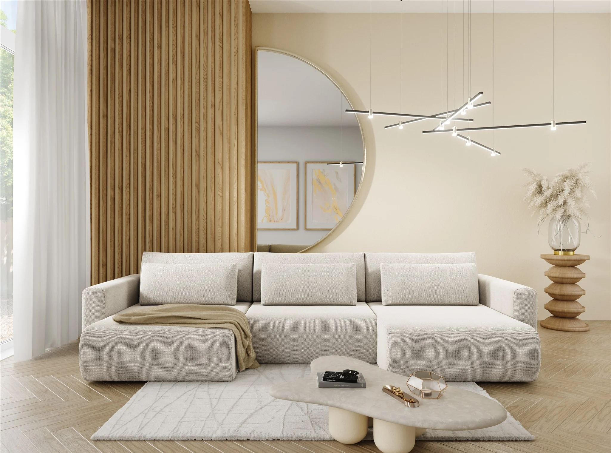 Wohnlandschaft Sofa mit Schlaffunktion CHAIRA Stoff Curio Hellgrau - Fun Möbel