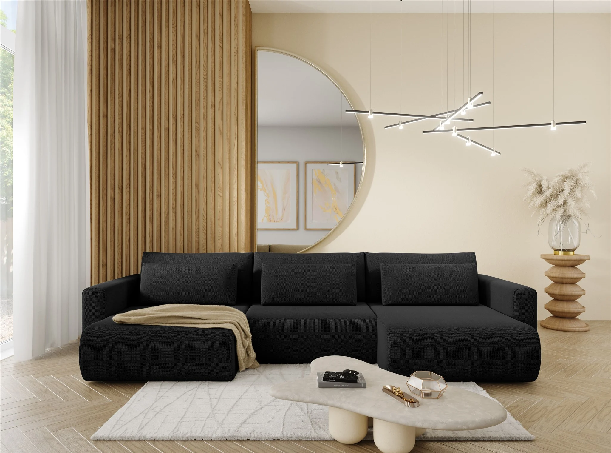 Wohnlandschaft Sofa mit Schlaffunktion CHAIRA Stoff Curio Schwarz - Fun Möbel
