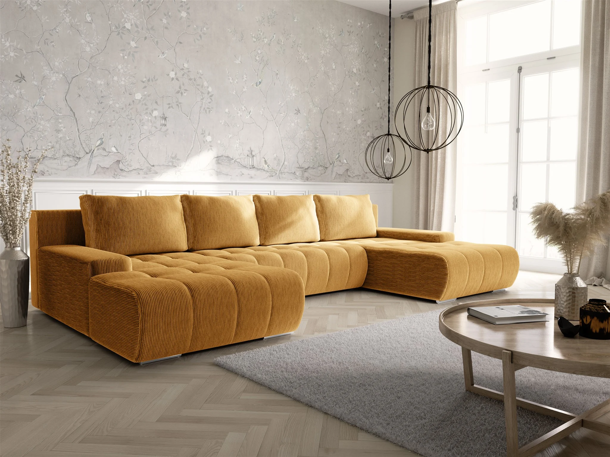 Wohnlandschaft Sofa mit Schlaffunktion VOGAR Stoff Poso Honiggelb - Fun Möbel
