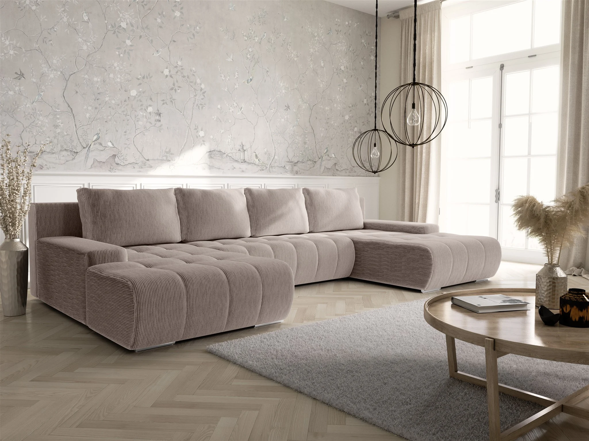 Wohnlandschaft Sofa mit Schlaffunktion VOGAR Stoff Poso Hellbraun - Fun Möbel