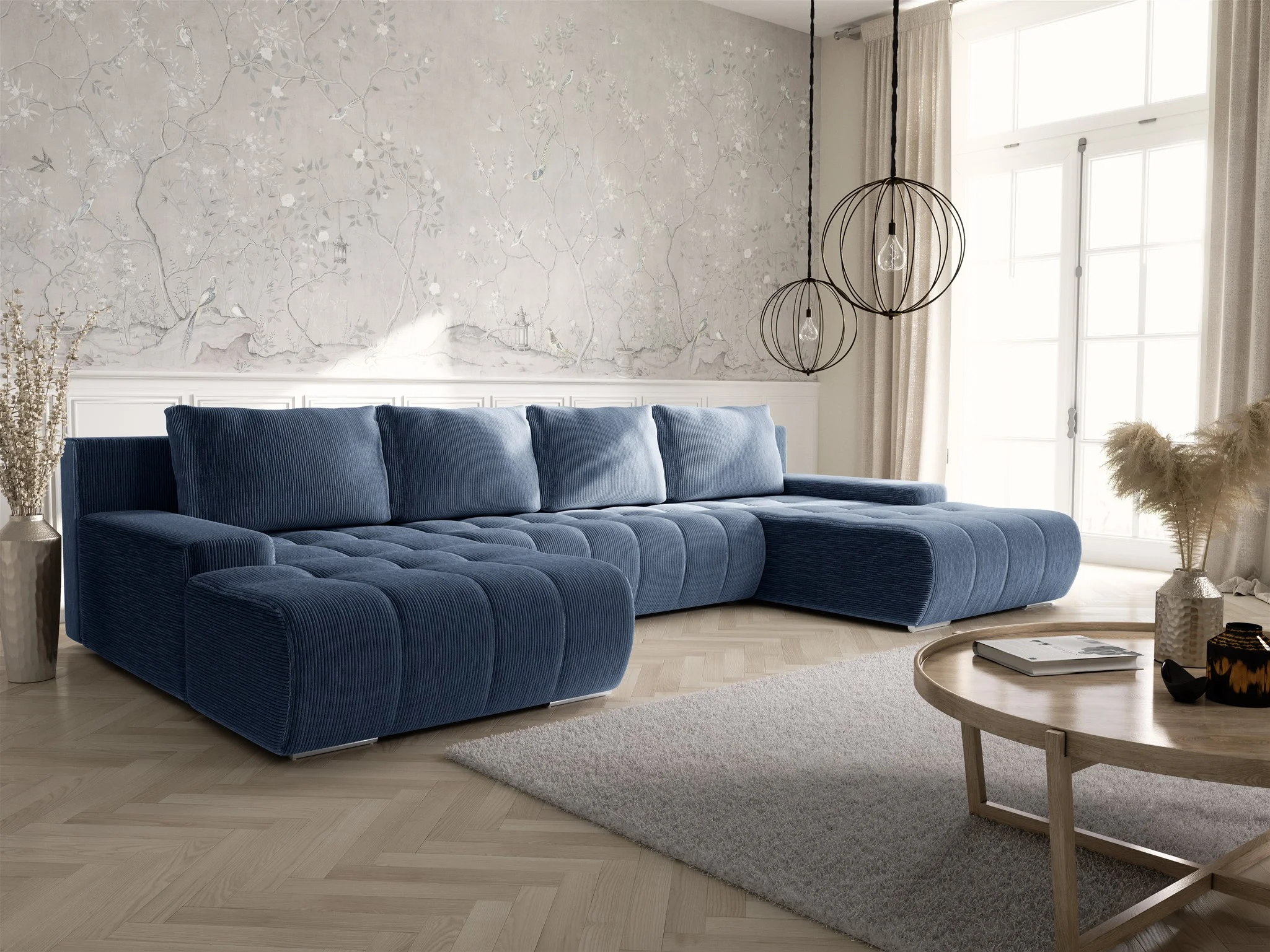 Wohnlandschaft Sofa mit Schlaffunktion VOGAR Stoff Poso Blau - Fun Möbel
