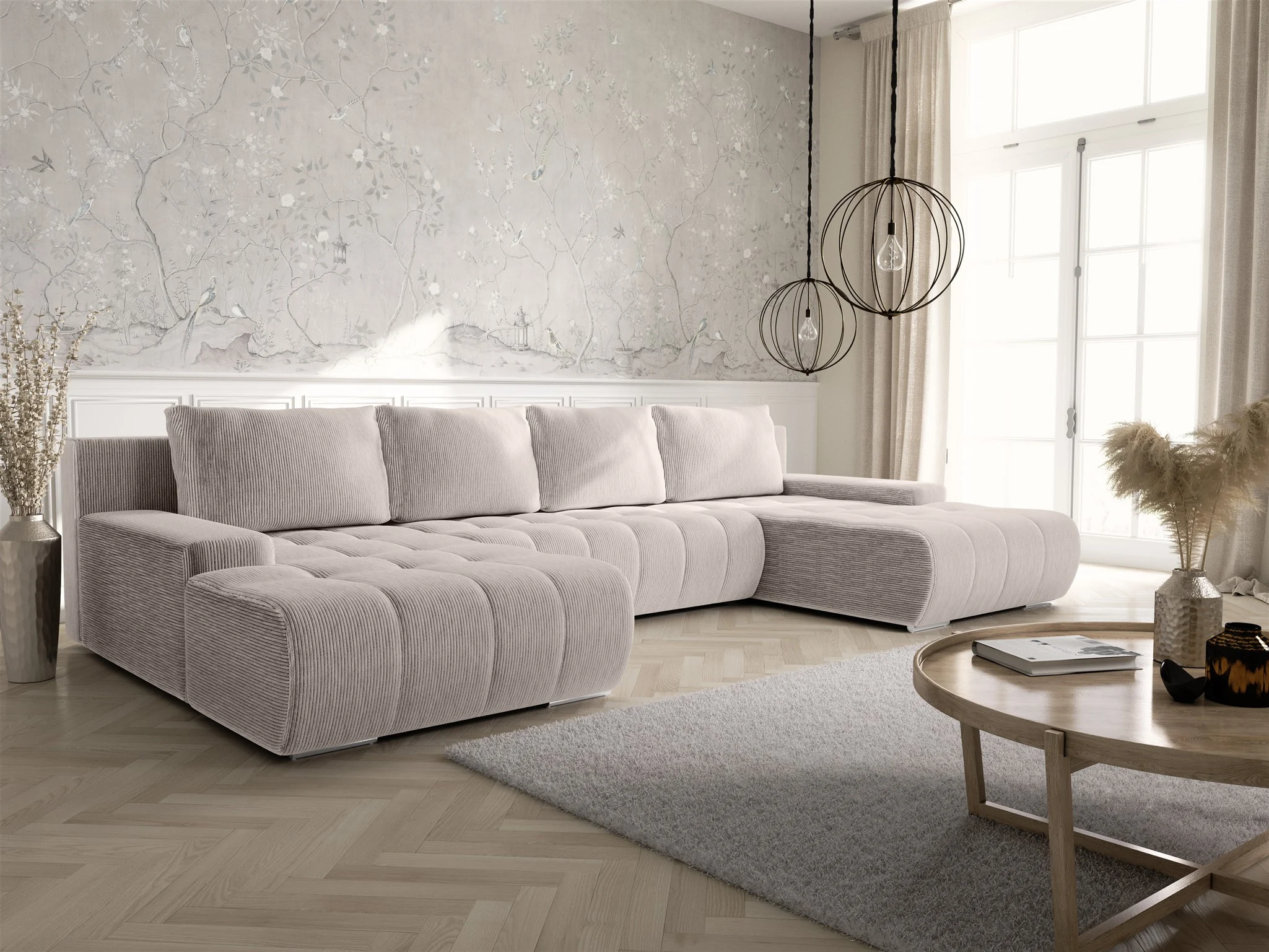 Wohnlandschaft Sofa mit Schlaffunktion VOGAR Stoff Poso Creme - Fun Möbel