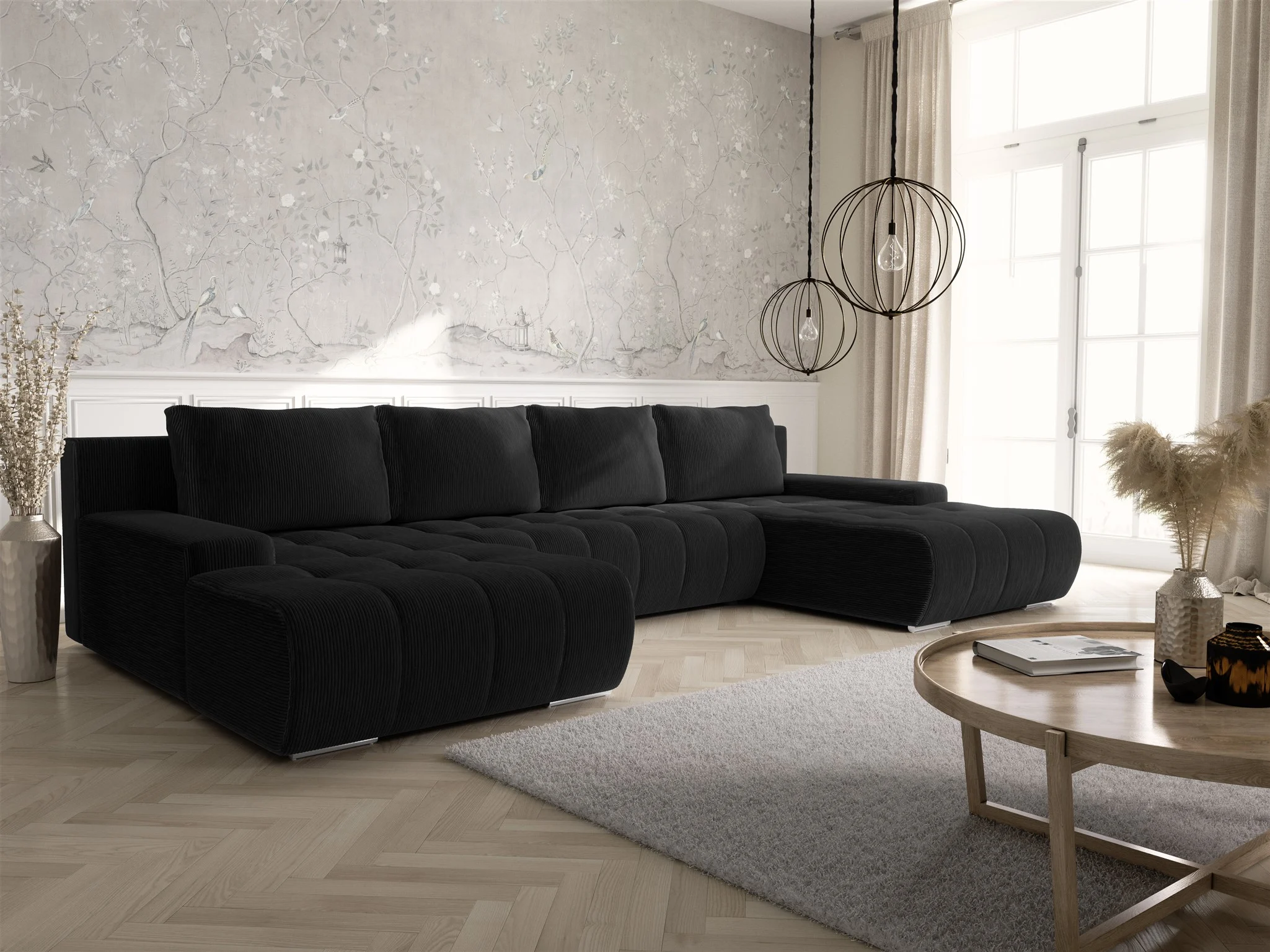 Wohnlandschaft Sofa mit Schlaffunktion VOGAR Stoff Poso Schwarz - Fun Möbel