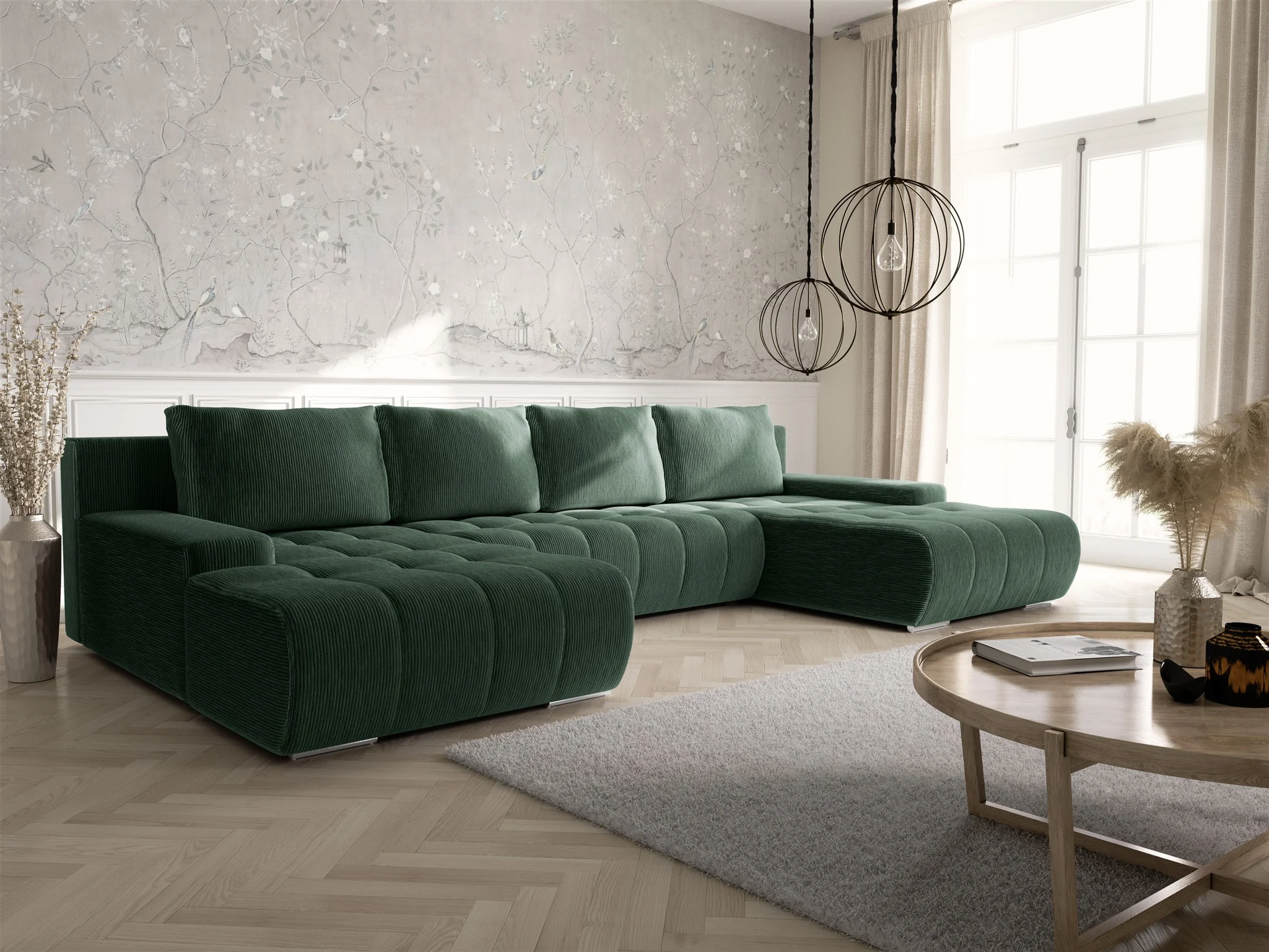 Wohnlandschaft Sofa mit Schlaffunktion VOGAR Stoff Poso Grün - Fun Möbel