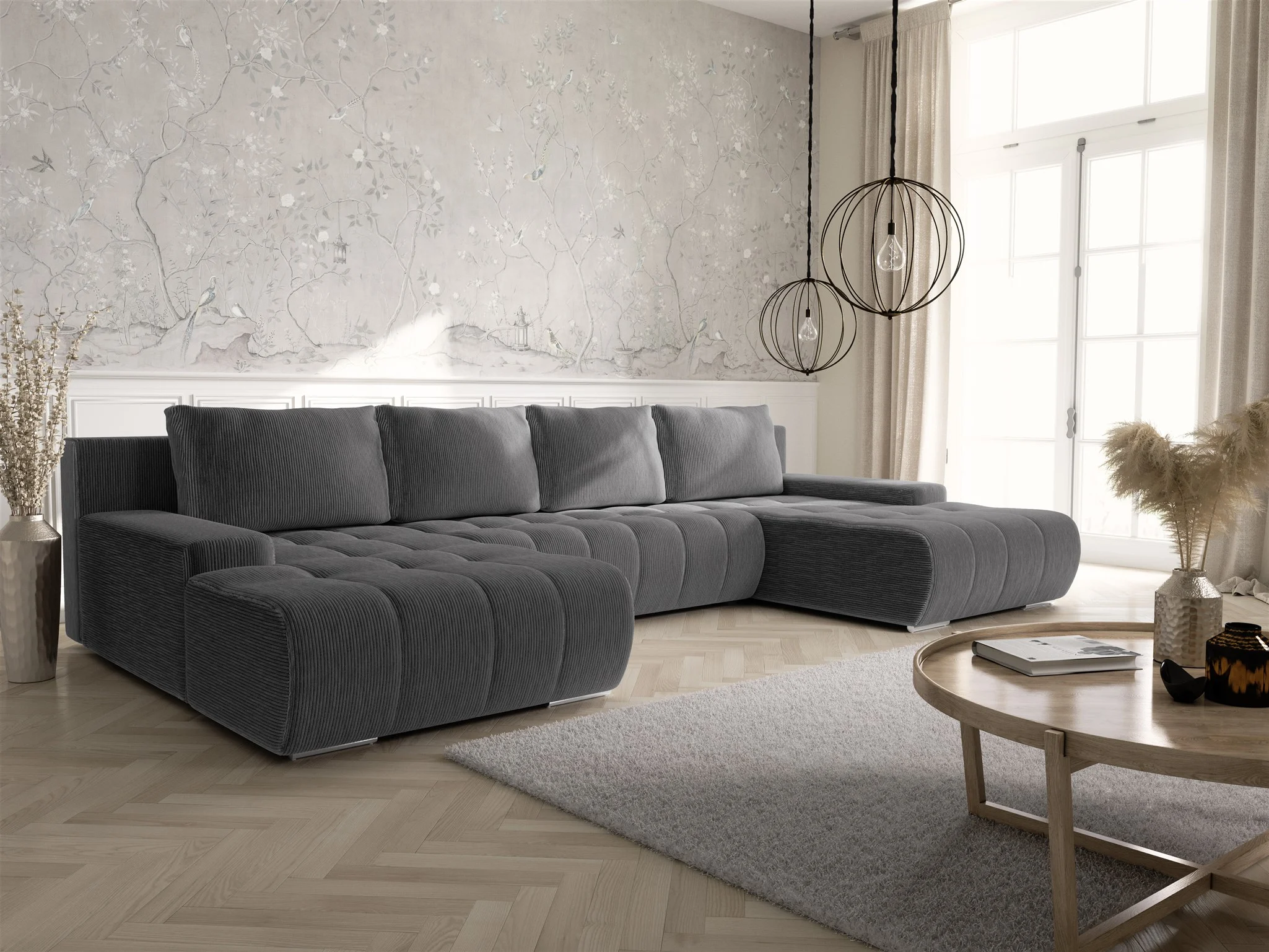 Wohnlandschaft Sofa mit Schlaffunktion VOGAR Stoff Poso Dunkelgrau - Fun Möbel