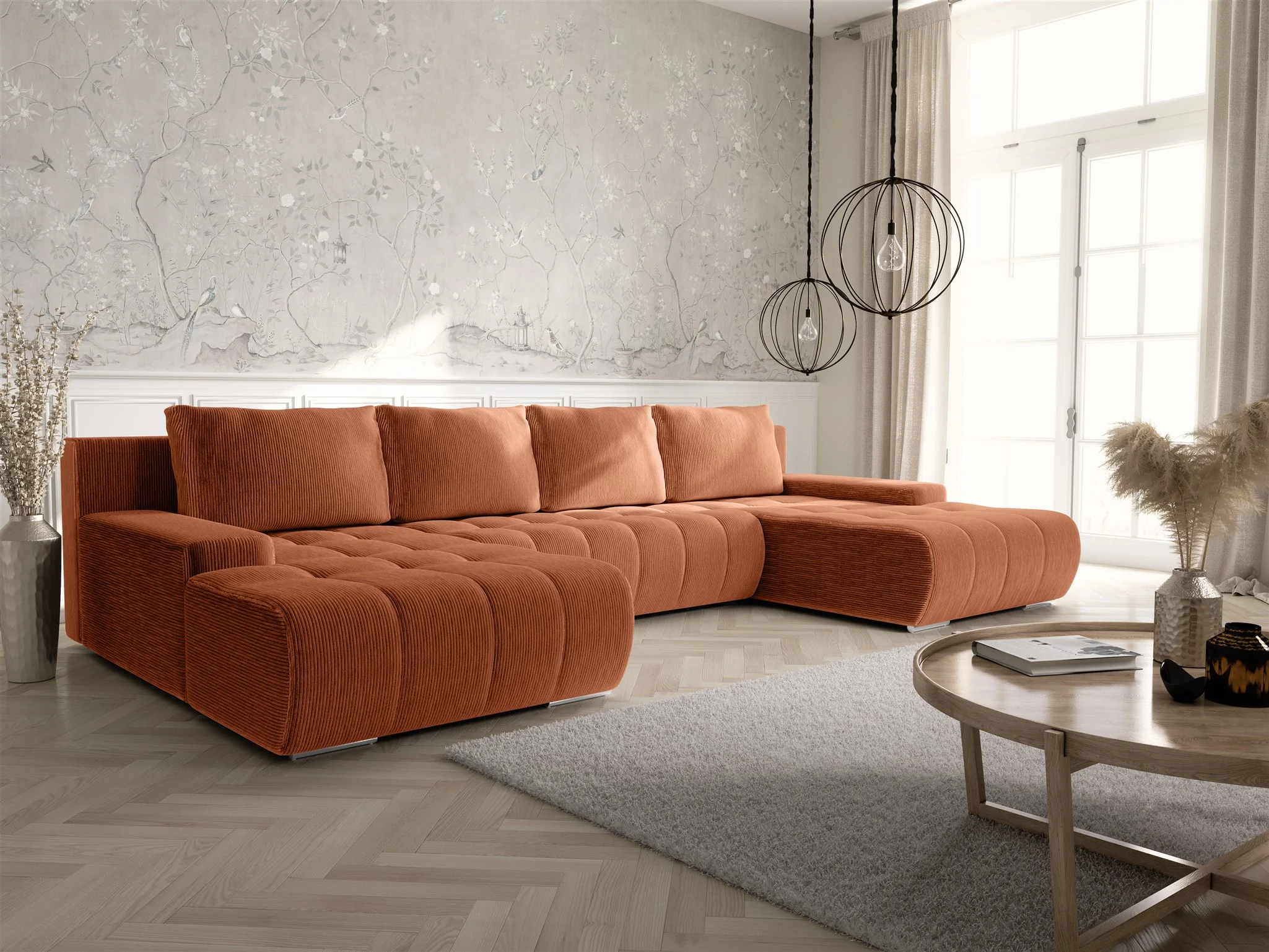 Wohnlandschaft Sofa mit Schlaffunktion VOGAR Stoff Poso Rostbraun - Fun Möbel