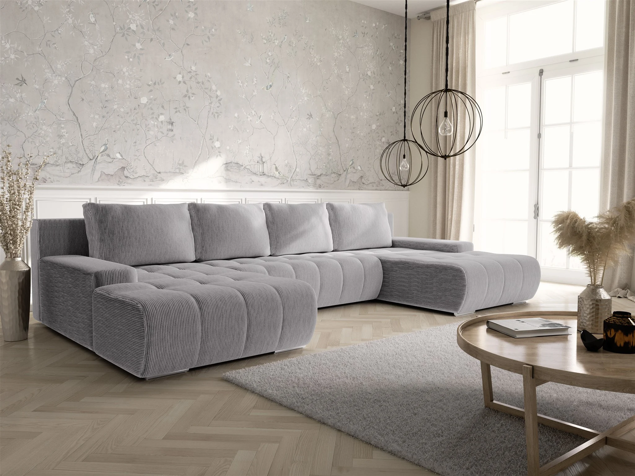 Wohnlandschaft Sofa mit Schlaffunktion VOGAR Stoff Poso Hellgrau - Fun Möbel