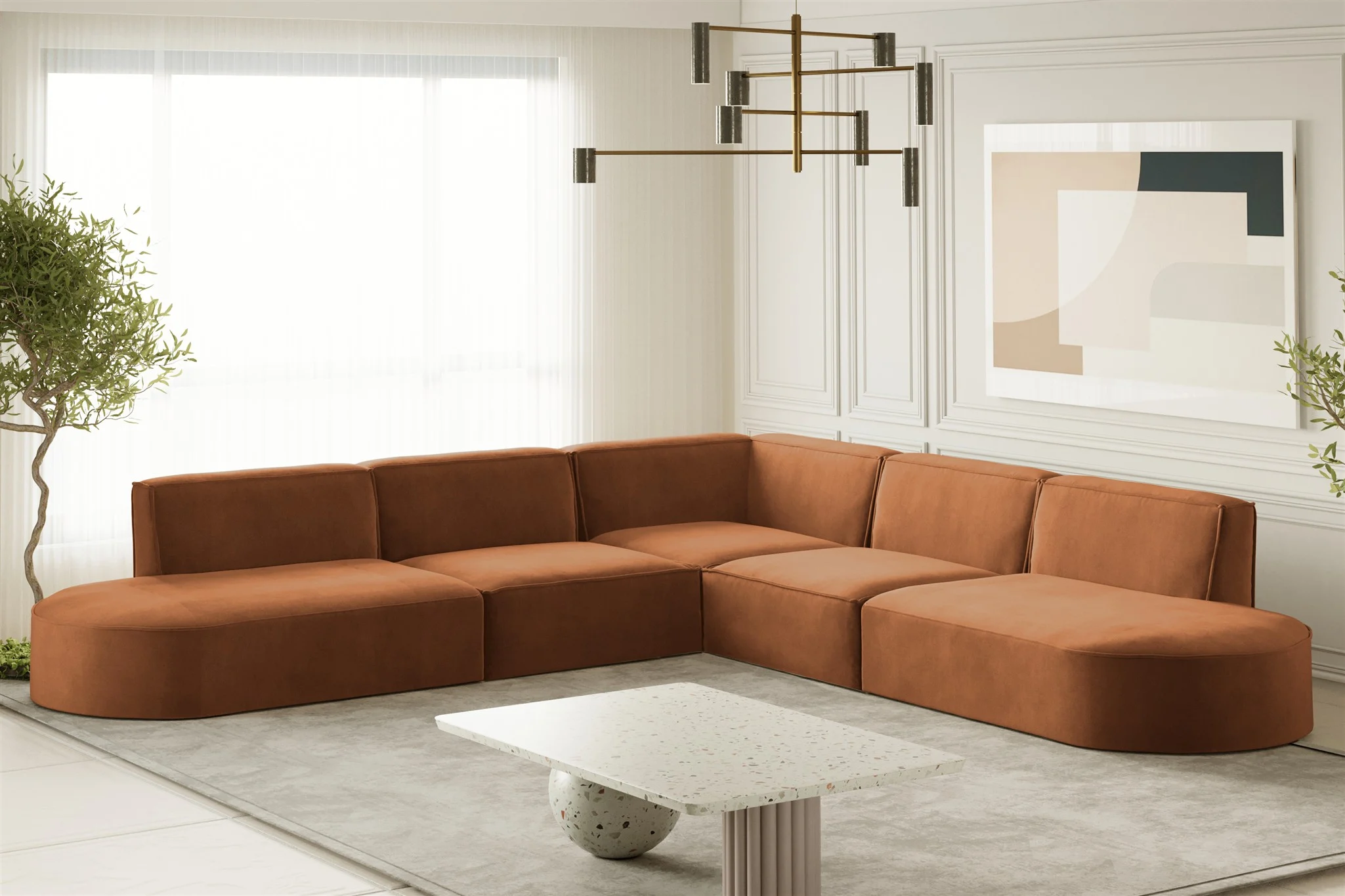 Ecksofa Designersofa PALMA Stoff Noel Ziegelrot Seite Universal - Fun Moebel