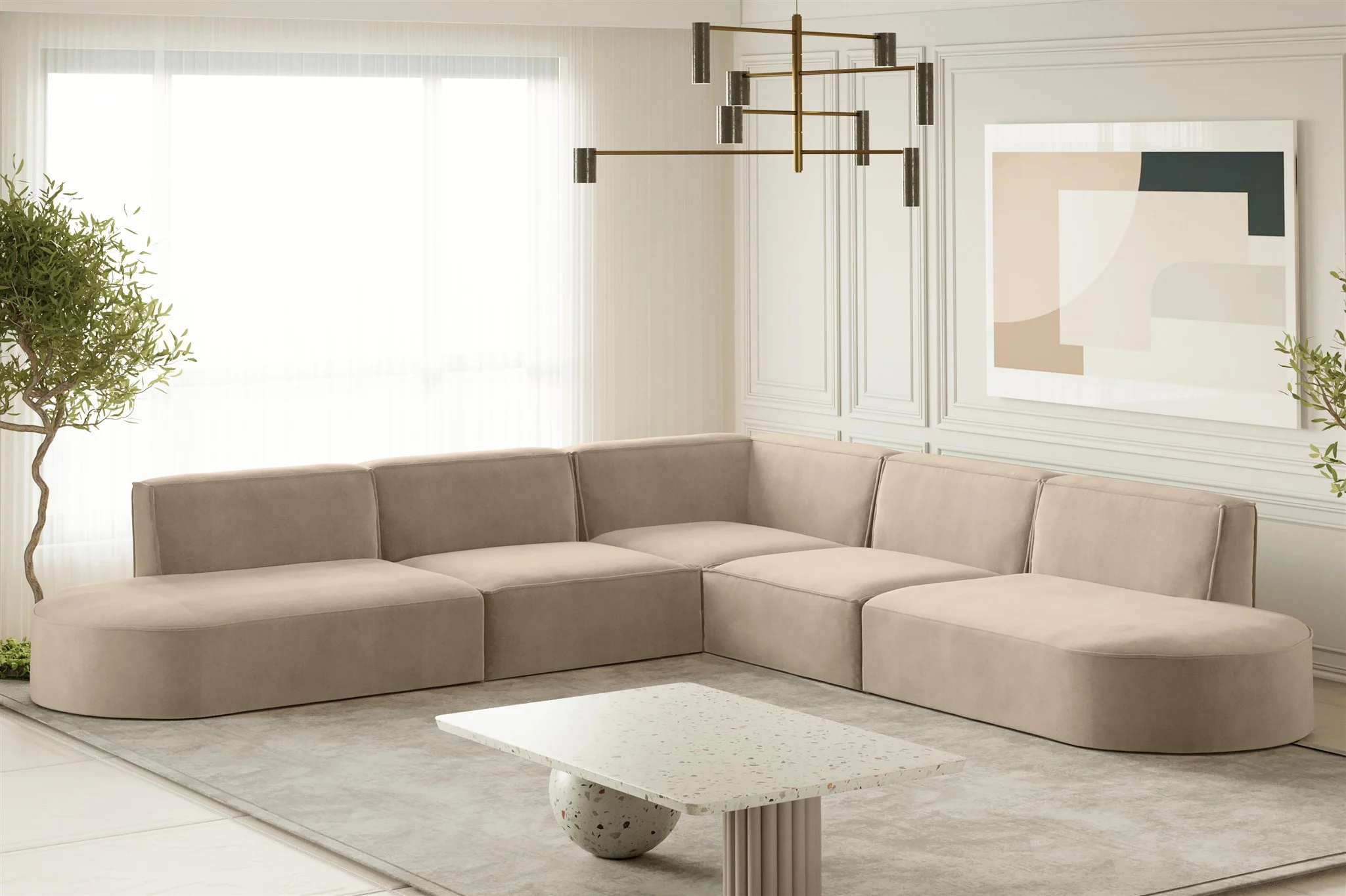 Ecksofa Designersofa PALMA Stoff Noel Beige Seite Universal - Fun Moebel