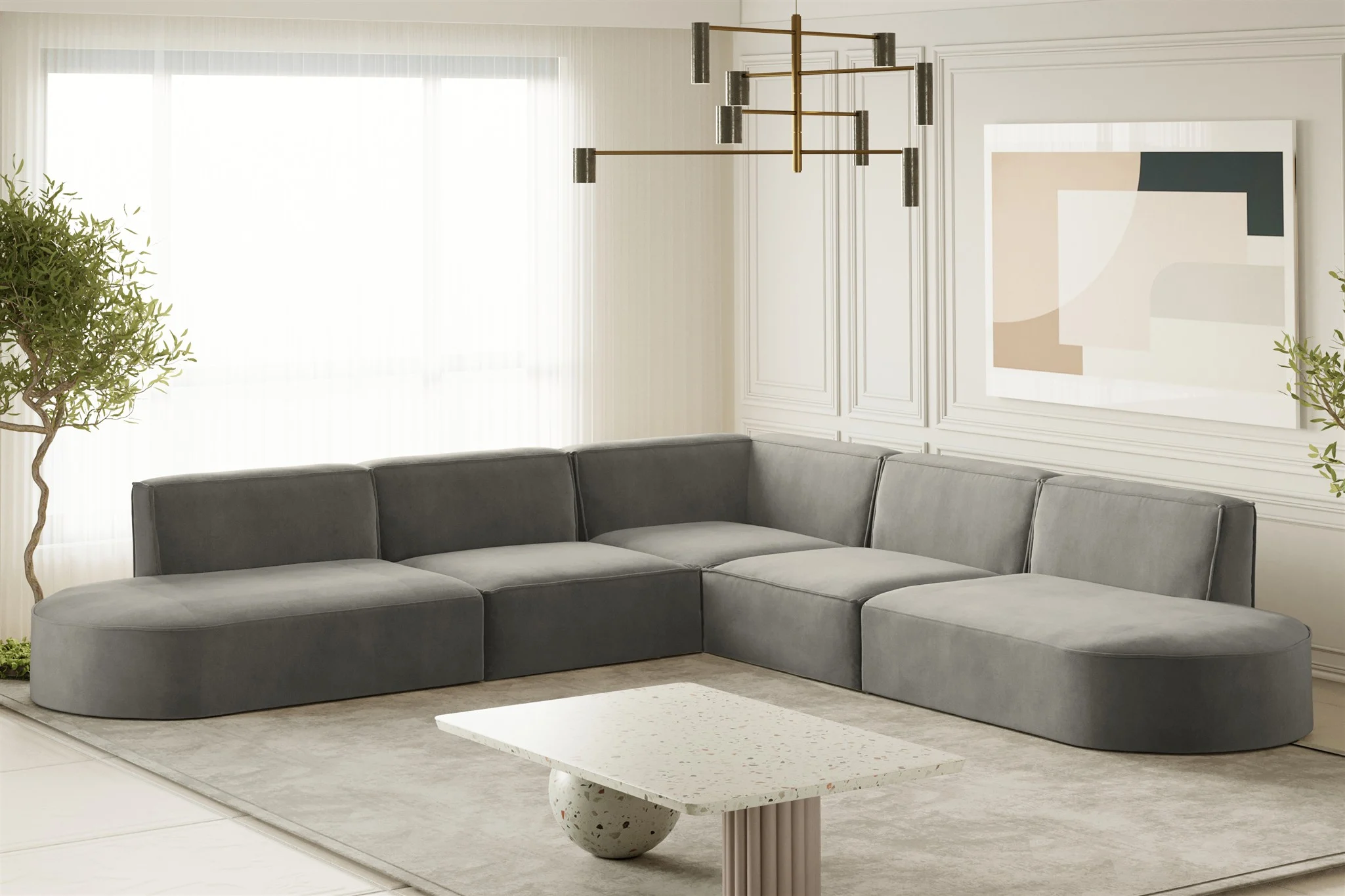 Ecksofa Designersofa PALMA Stoff Noel Grau Seite Universal - Fun Moebel