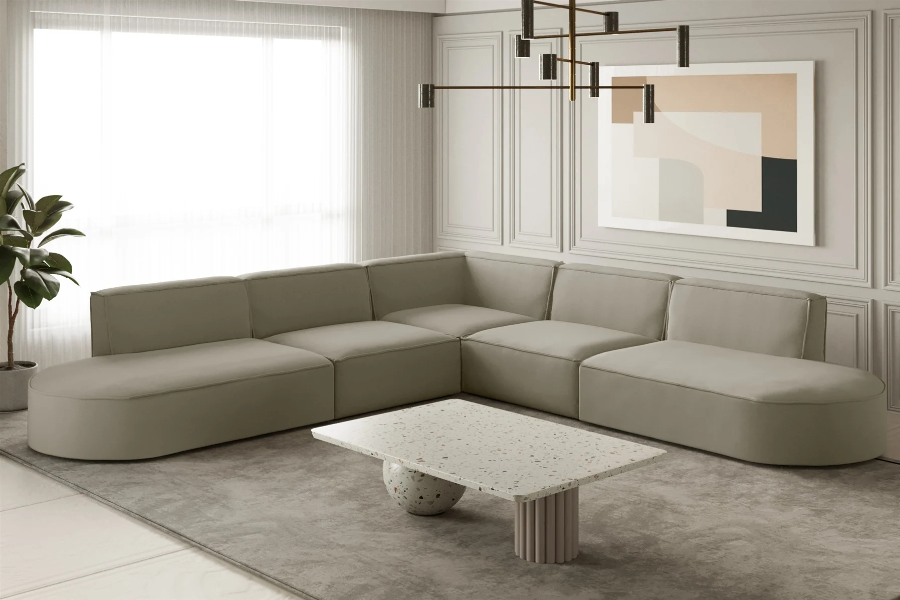 Ecksofa Designersofa PALMA Stoff Opera Velvet Pearl Seite Universal - Fun Moebel