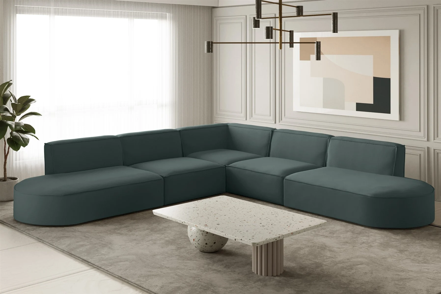 Ecksofa Designersofa PALMA Stoff Opera Velvet Opalgrün Seite Universal - Fun Moebel