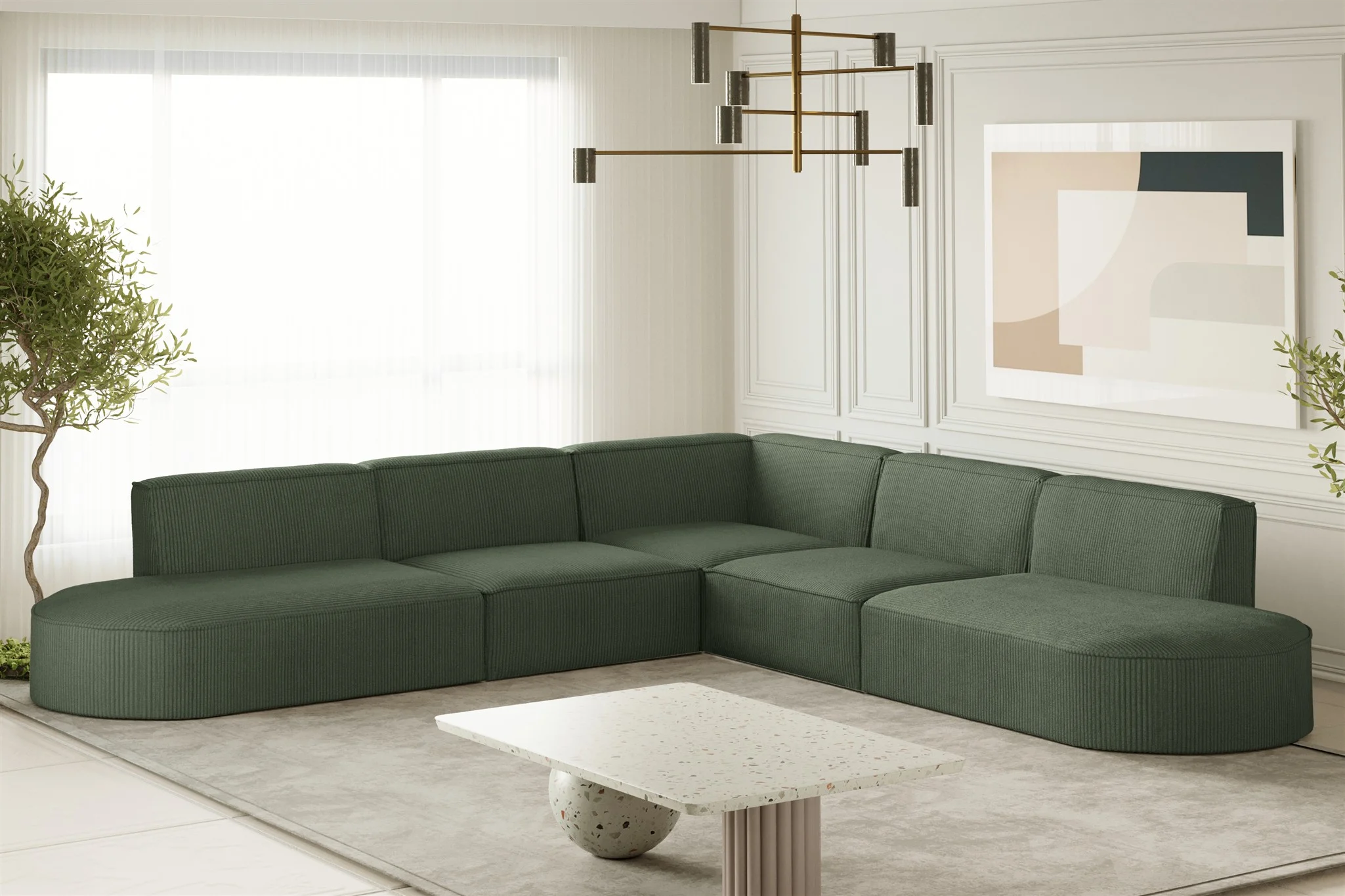 Ecksofa Designersofa PALMA Stoff Scala Forest Seite Universal - Fun Moebel