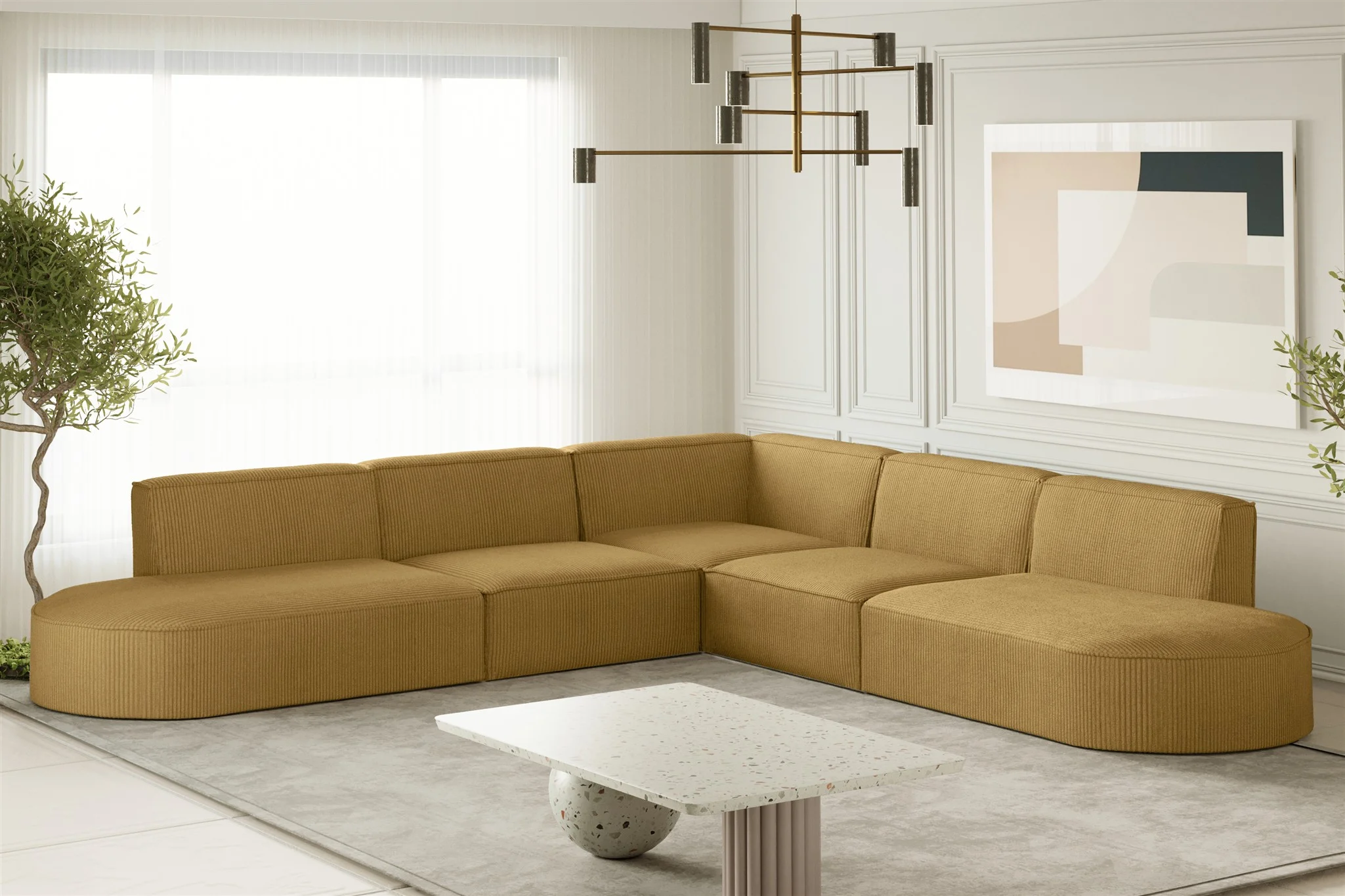 Ecksofa Designersofa PALMA Stoff Scala Senfgelb Seite Universal - Fun Moebel