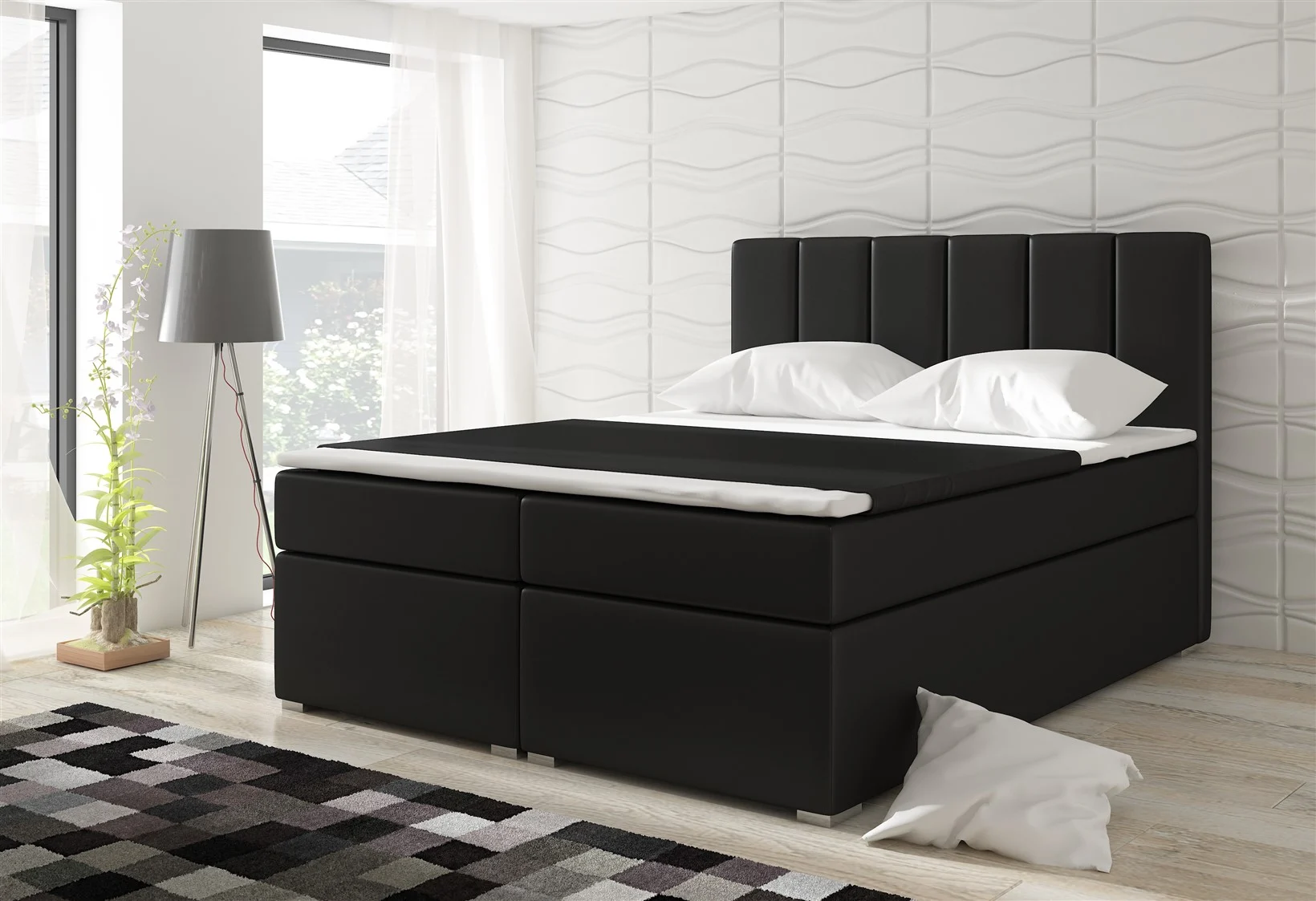 OUTLET Boxspringbett Schlafzimmerbett SOPHIA Kunstleder Schwarz 100x200cm - Fun Moebel