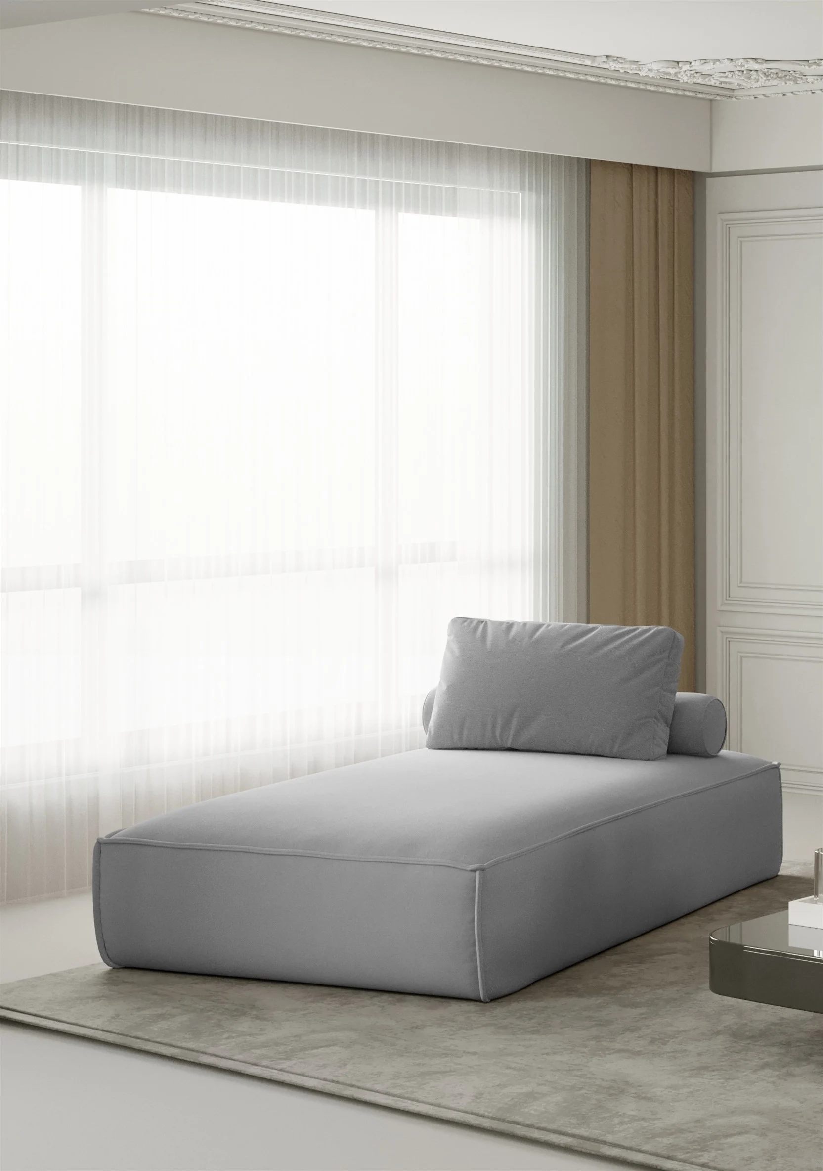 Chaiselongue Sezlong Liege CELES in Stoff Opera Velvet Hellgrau - Fun Moebel