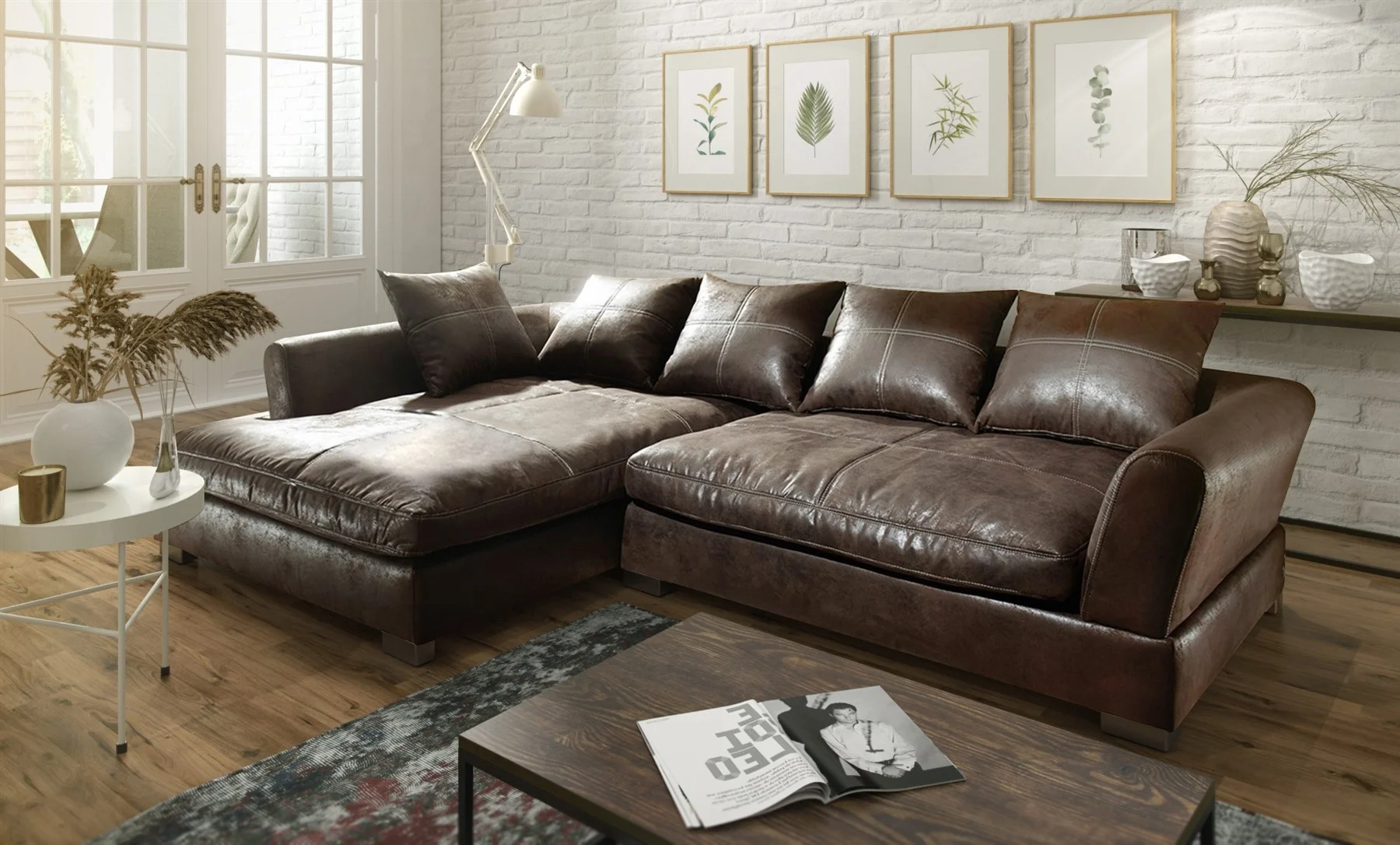 Couchgarnitur TIZIAN L-Form Wildlederoptik- Dunkelbraun/Ottomane Links
