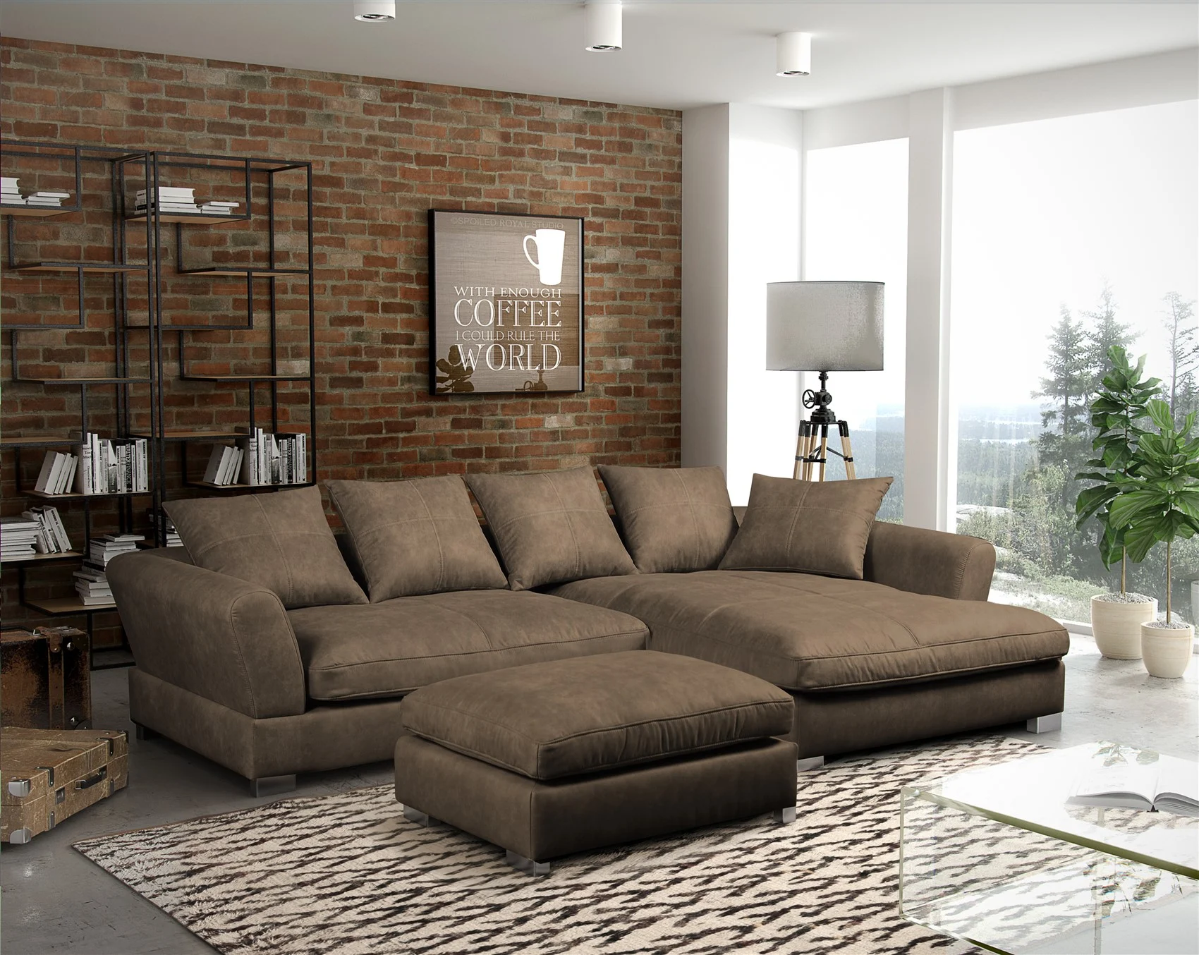 Couchgarnitur TIZIAN L-Form Wildlederoptik- Cappuccino/ Rechts+ Hocker