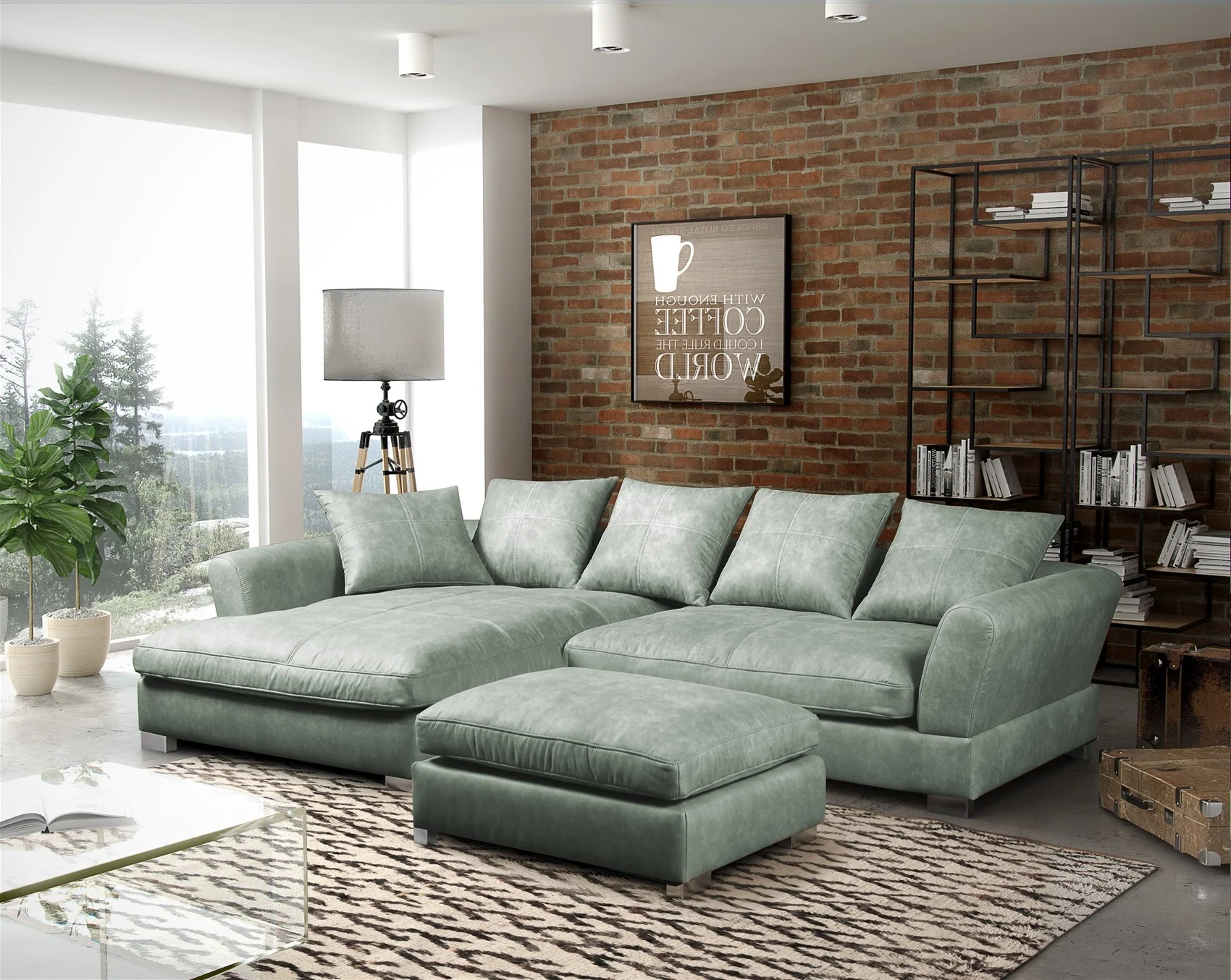 Couchgarnitur TIZIAN L-Form Wildlederoptik- Hellgrau / Links + Hocker