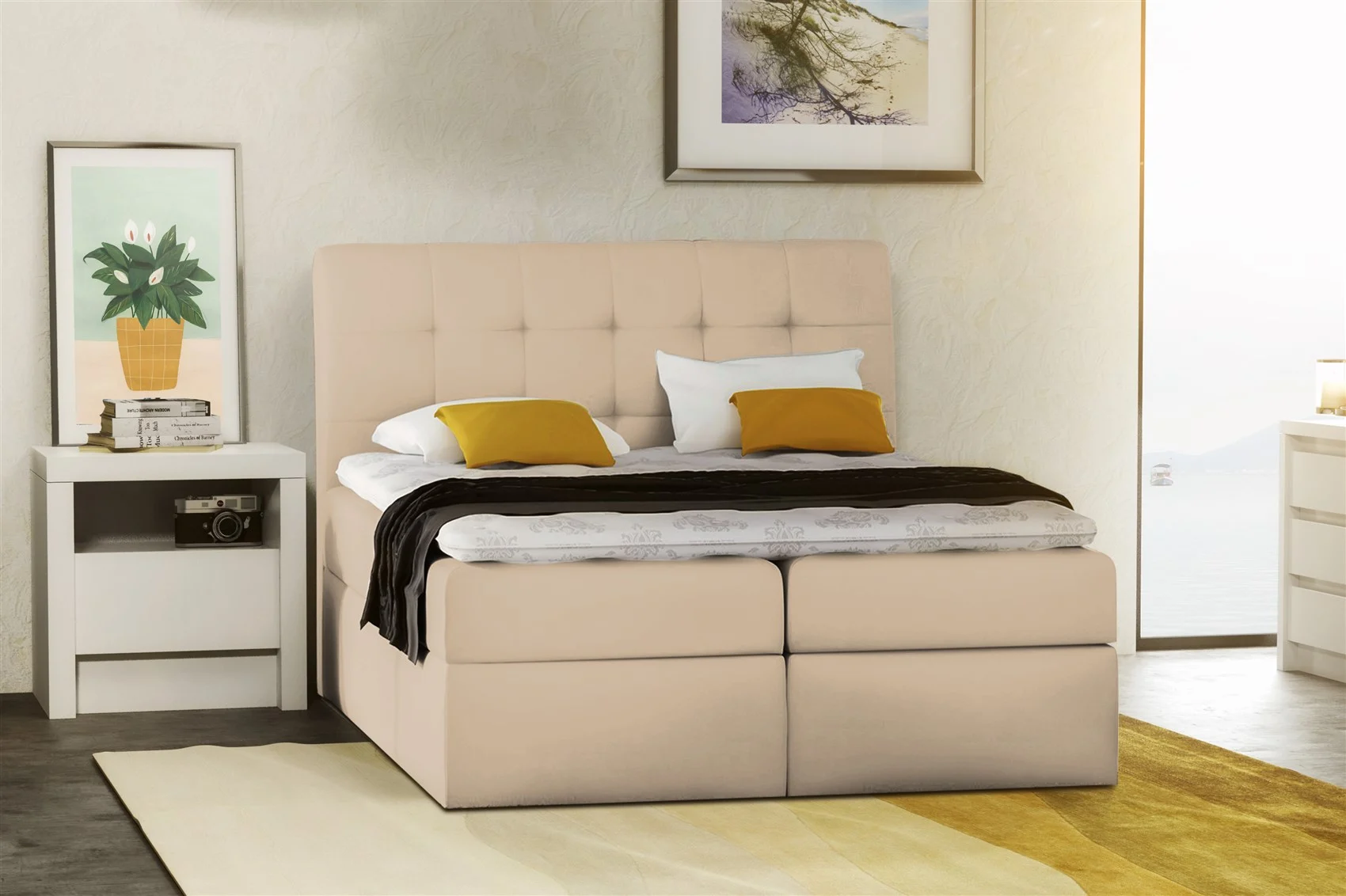 Boxspringbett Schlafzimmerbett TURIN Kunstleder Creme 160x200 cm - Fun Moebel