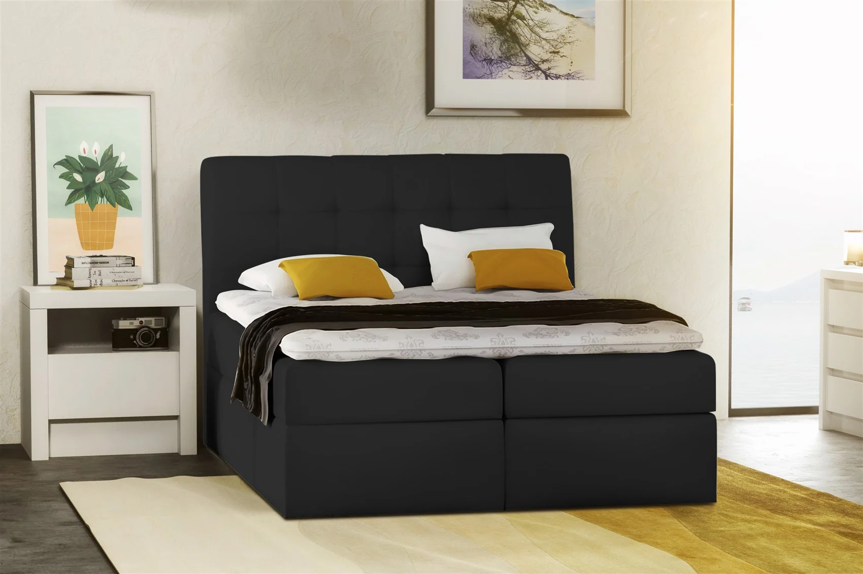 Boxspringbett Schlafzimmerbett TURIN Kunstleder Schwarz 200x200 cm - Fun Moebel