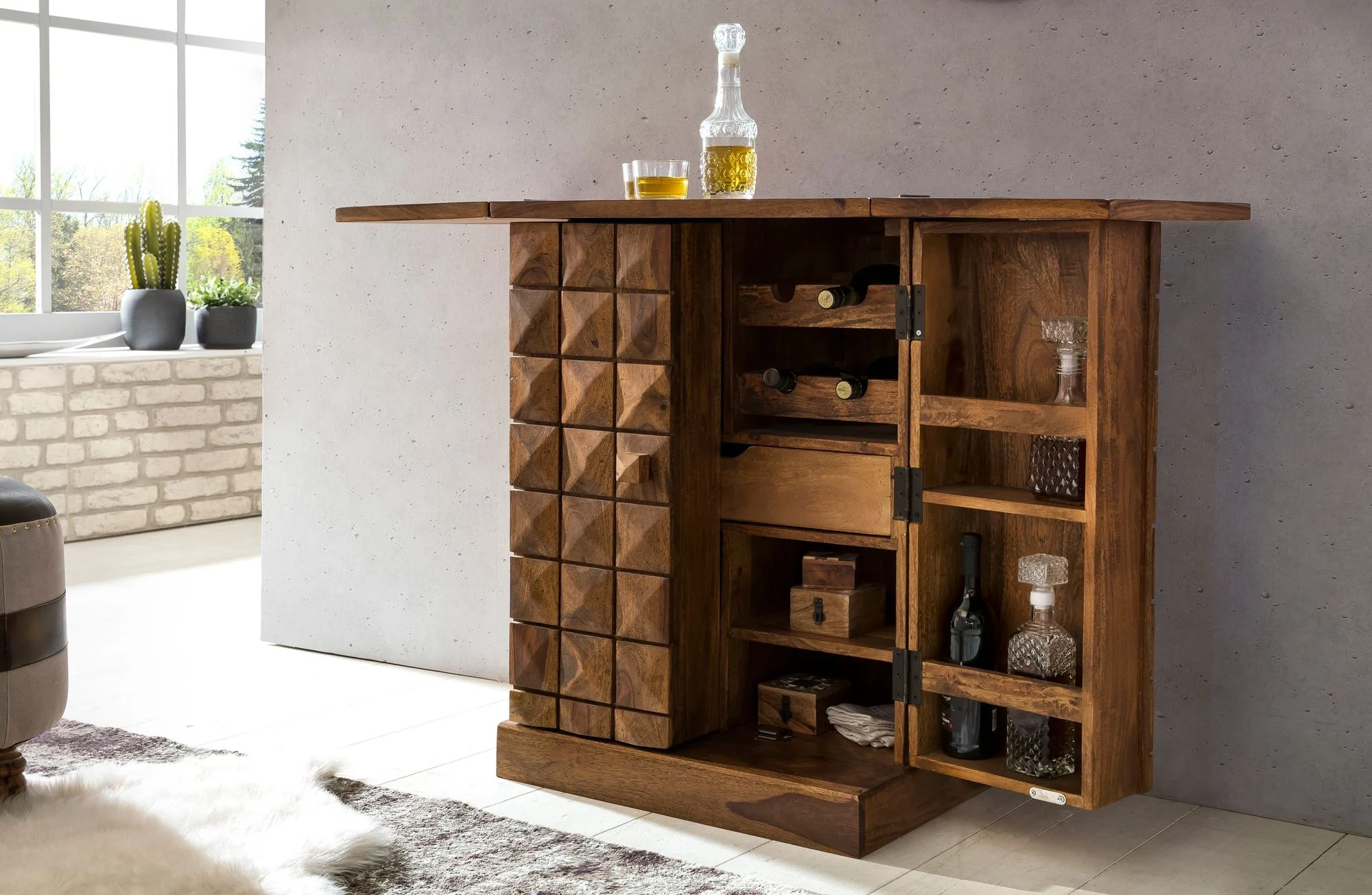 Hausbar Barschrank Weinregal ASMO Massivholz Sheesham Landhausstil - Fun Möbel