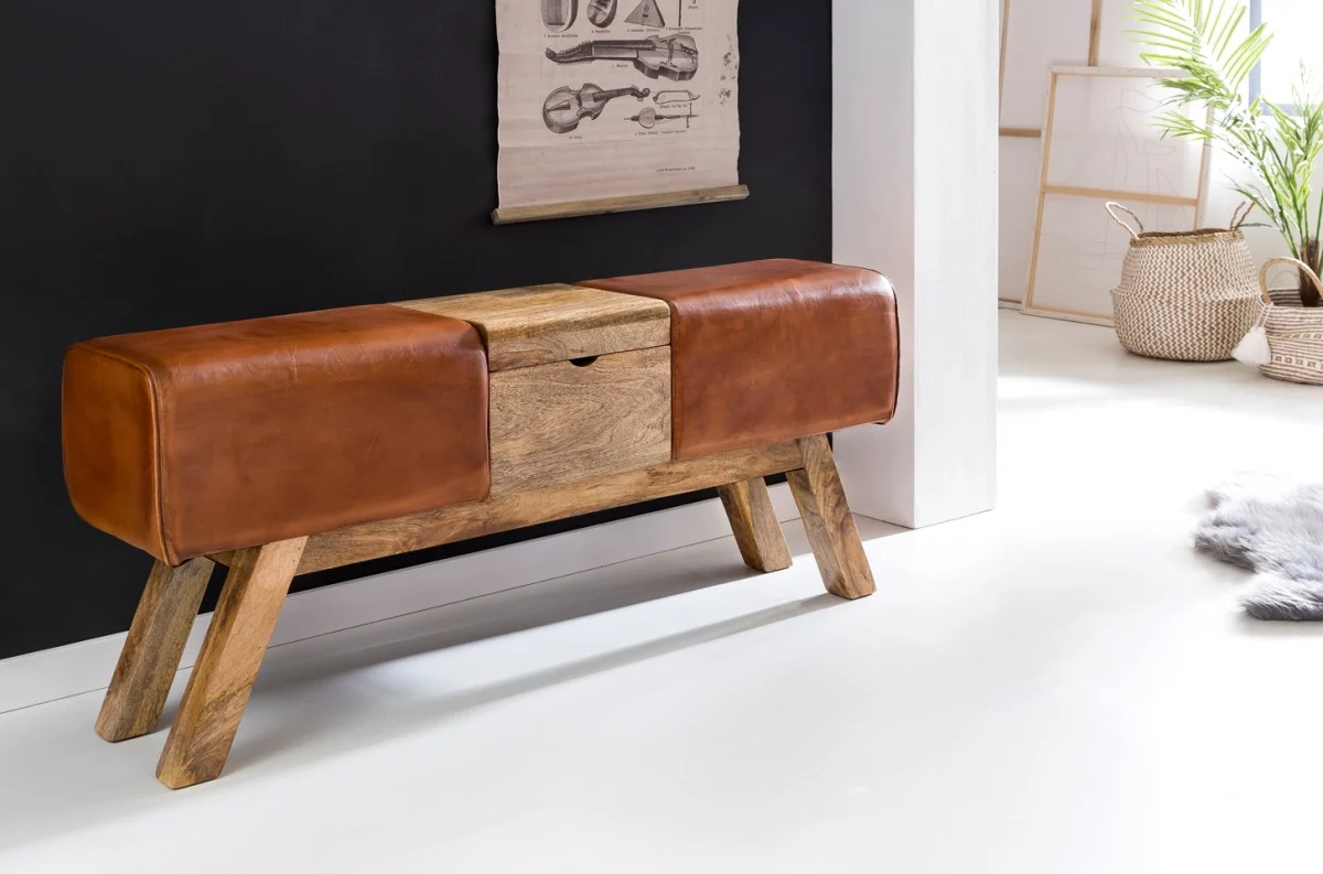 Sitzbank Bank BULL Massivholz Echtleder Braun mit Box 120x29x53cm - Fun Möbel