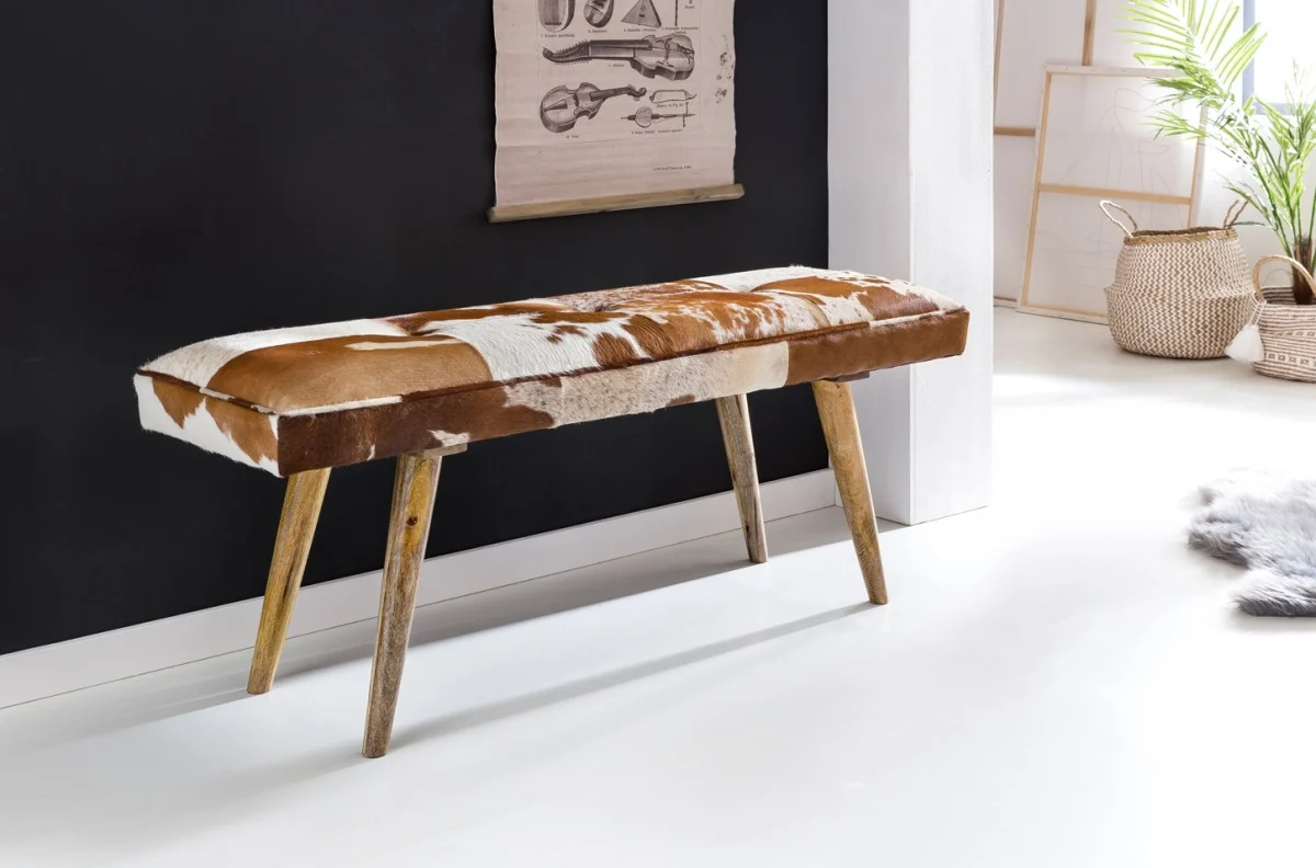 Sitzbank Bank POSTE Massivholz Kuhfell braun/weiß 120x40x52cm - Fun Möbel