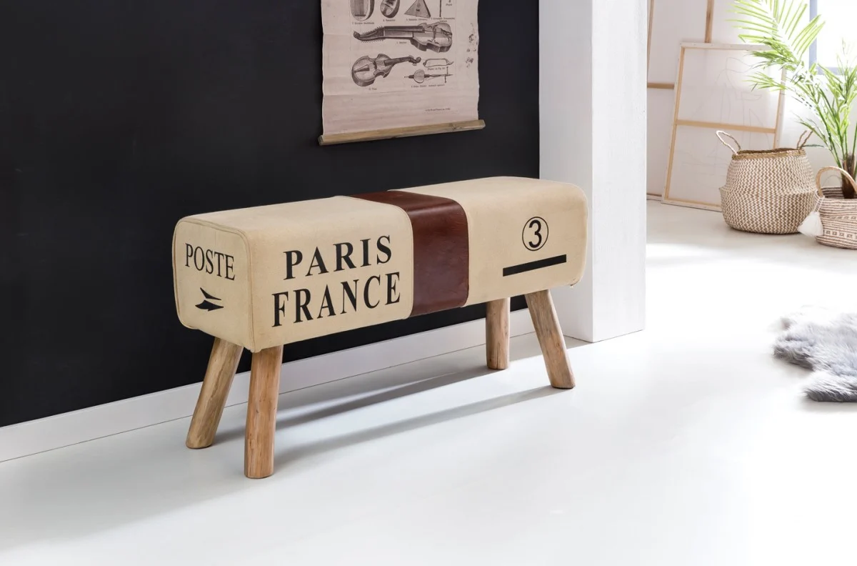 Sitzbank Bank POSTE Massivholz Echtleder Braun/ Beige 91x30x50cm - Fun Möbel