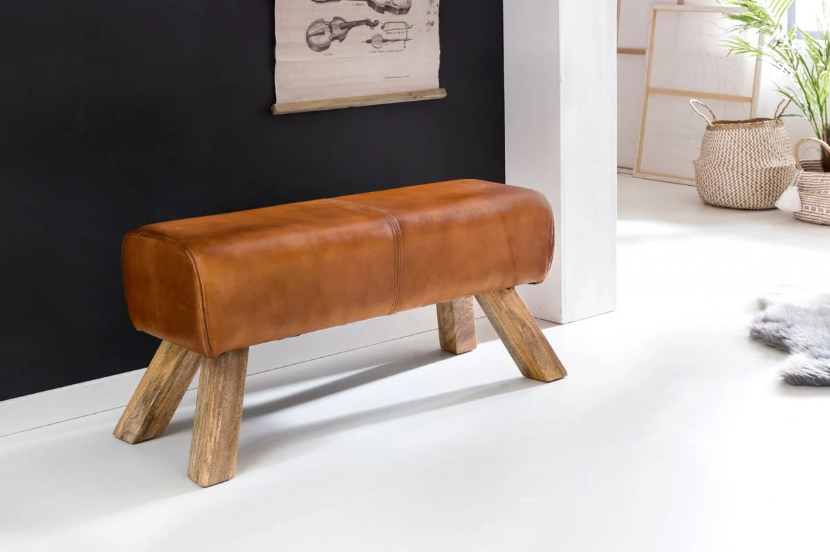 Sitzbank Bank BULL Massivholz Echtleder Braun 90x30x43cm - Fun Möbel