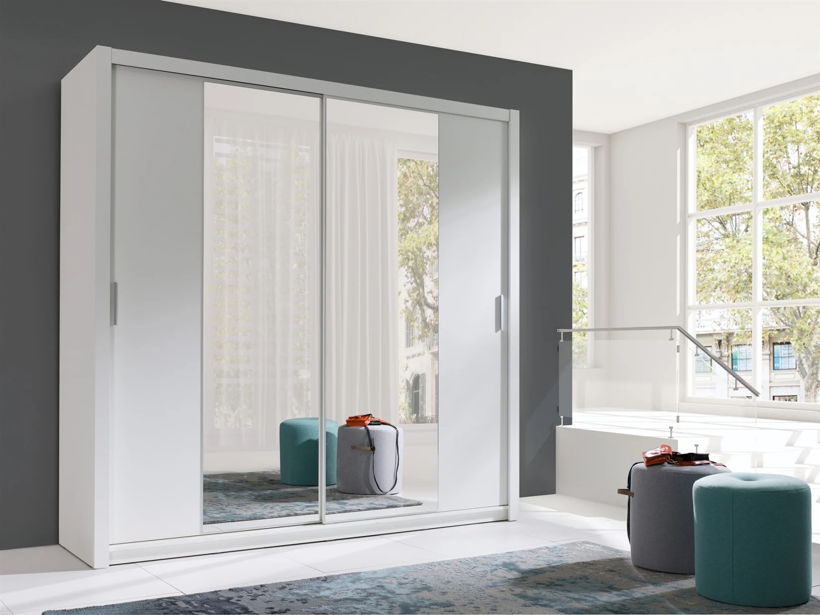 Schiebetürenschrank Schrank VISBY Weiss matt + Spiegel 200x215 cm - Fun Moebel
