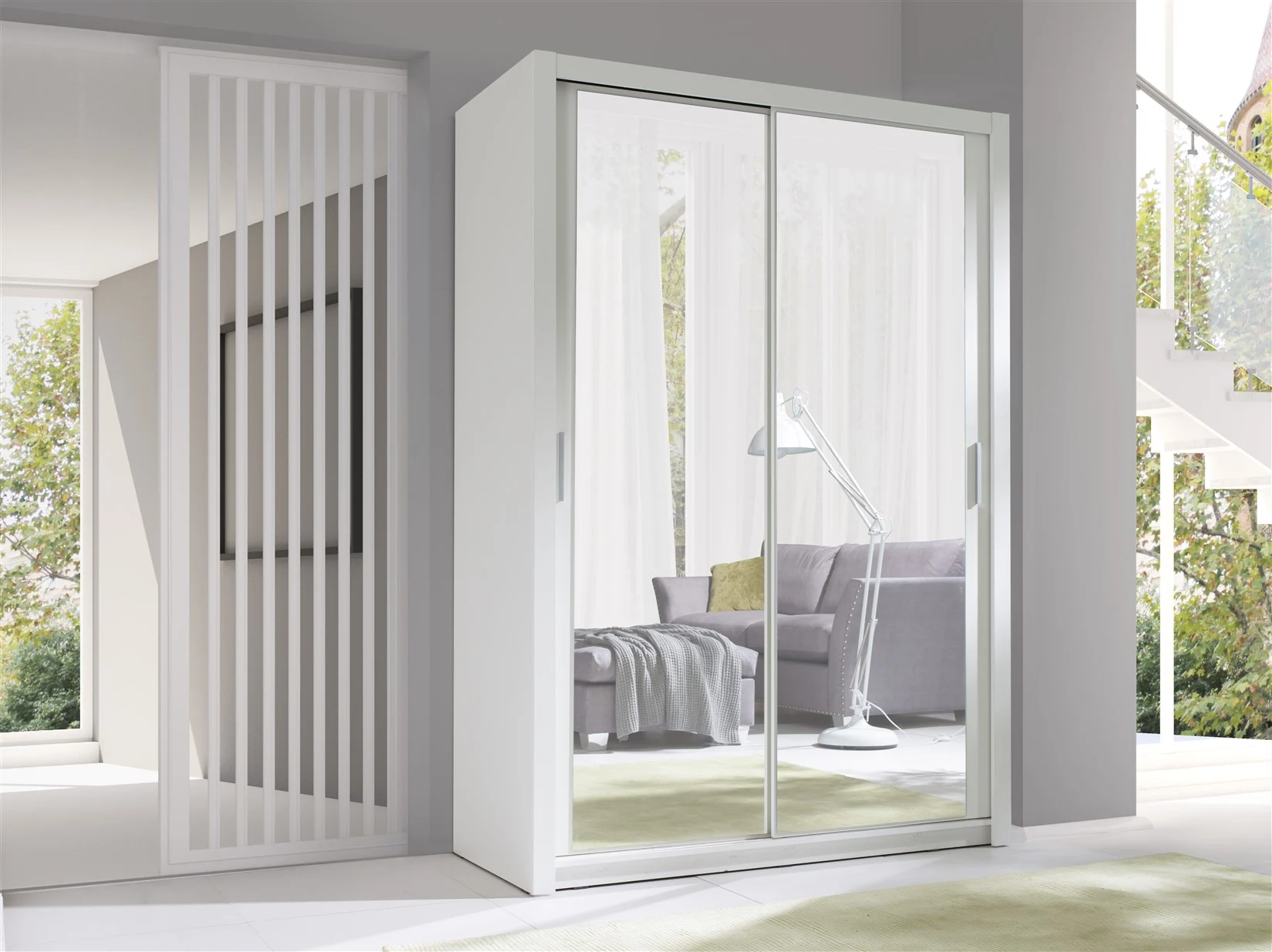 Schiebetürenschrank Schrank VISBY Weiss matt + Spiegel 150x215 cm - Fun Moebel