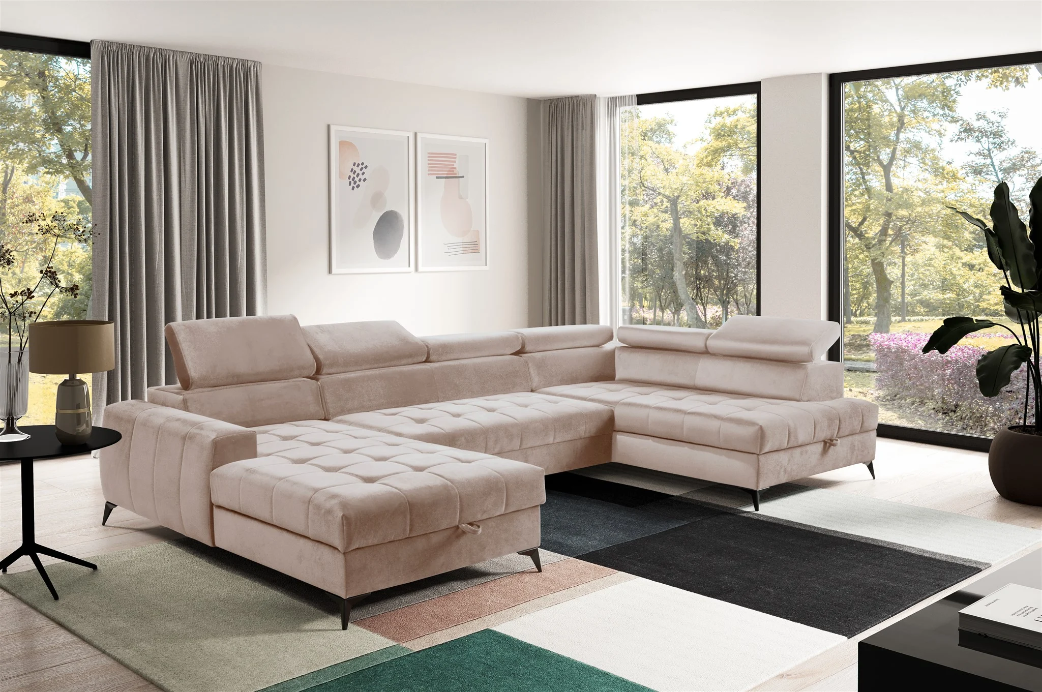 Wohnlandschaft Schlafsofa AGNESA Stoff Salvador Hellbeige Ottomane Links - Fun Möbel