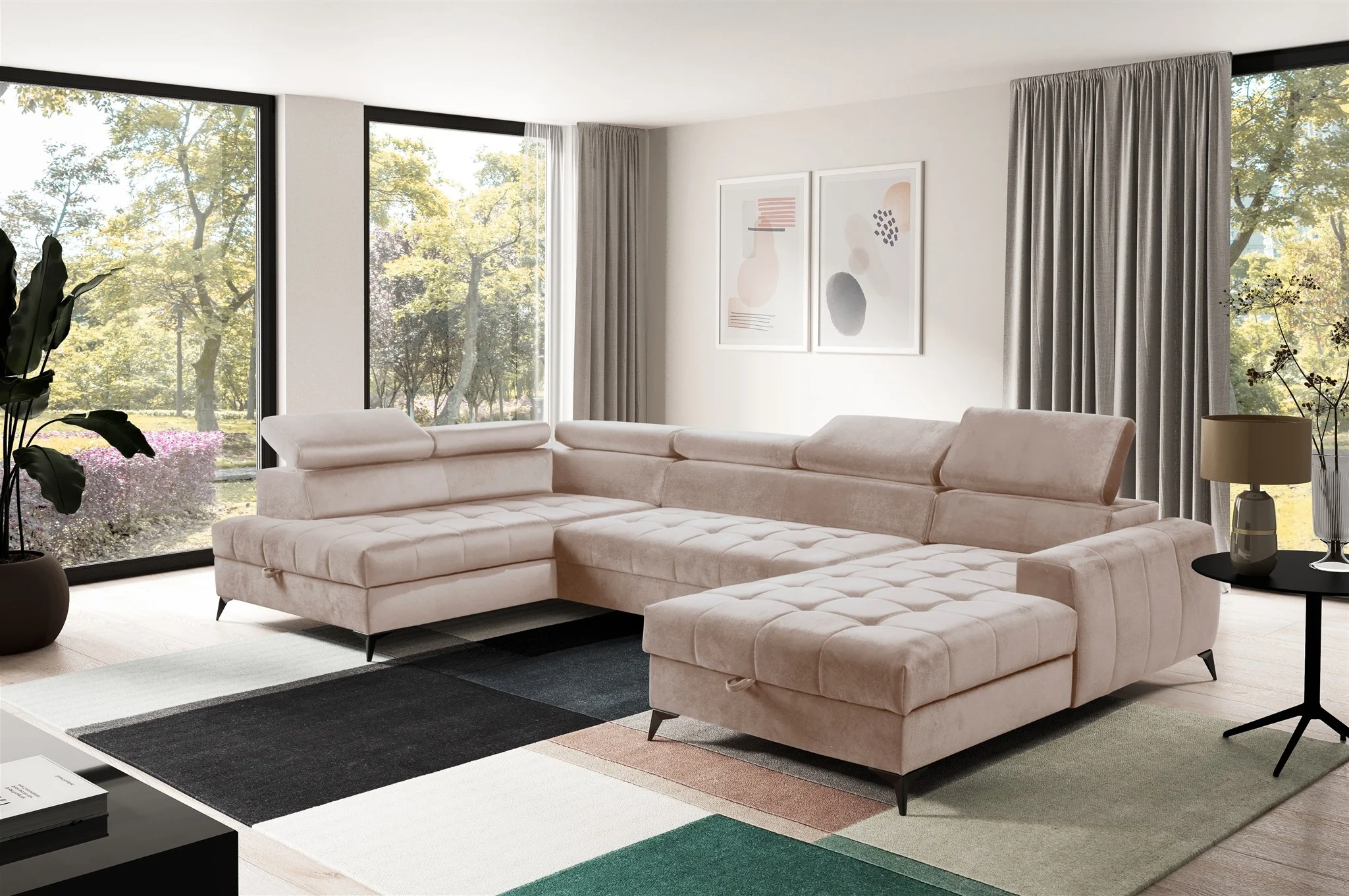 Wohnlandschaft Schlafsofa AGNESA Stoff Salvador Hellbeige Ottomane Rechts - Fun Möbel
