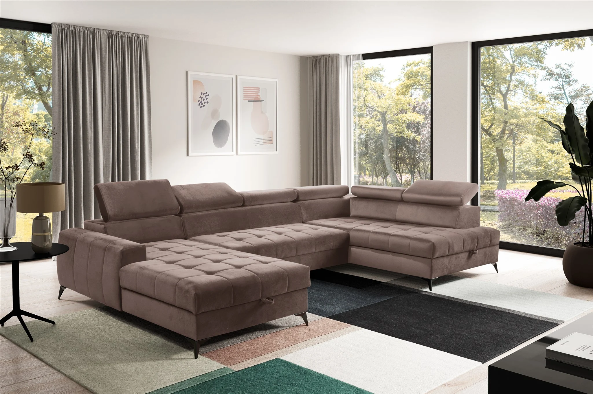 Wohnlandschaft Schlafsofa AGNESA Stoff Salvador Braun Ottomane Links - Fun Möbel