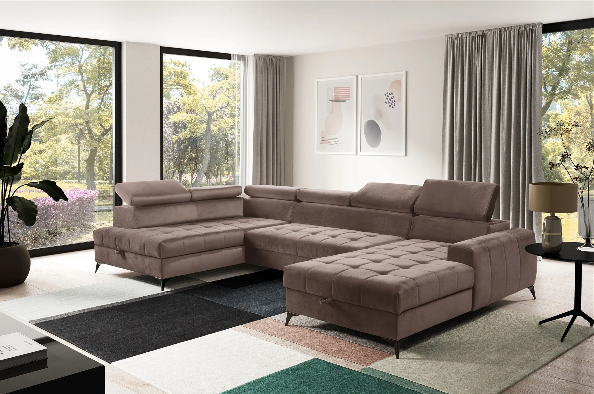 Wohnlandschaft Schlafsofa AGNESA Stoff Salvador Braun Ottomane Rechts - Fun Möbel