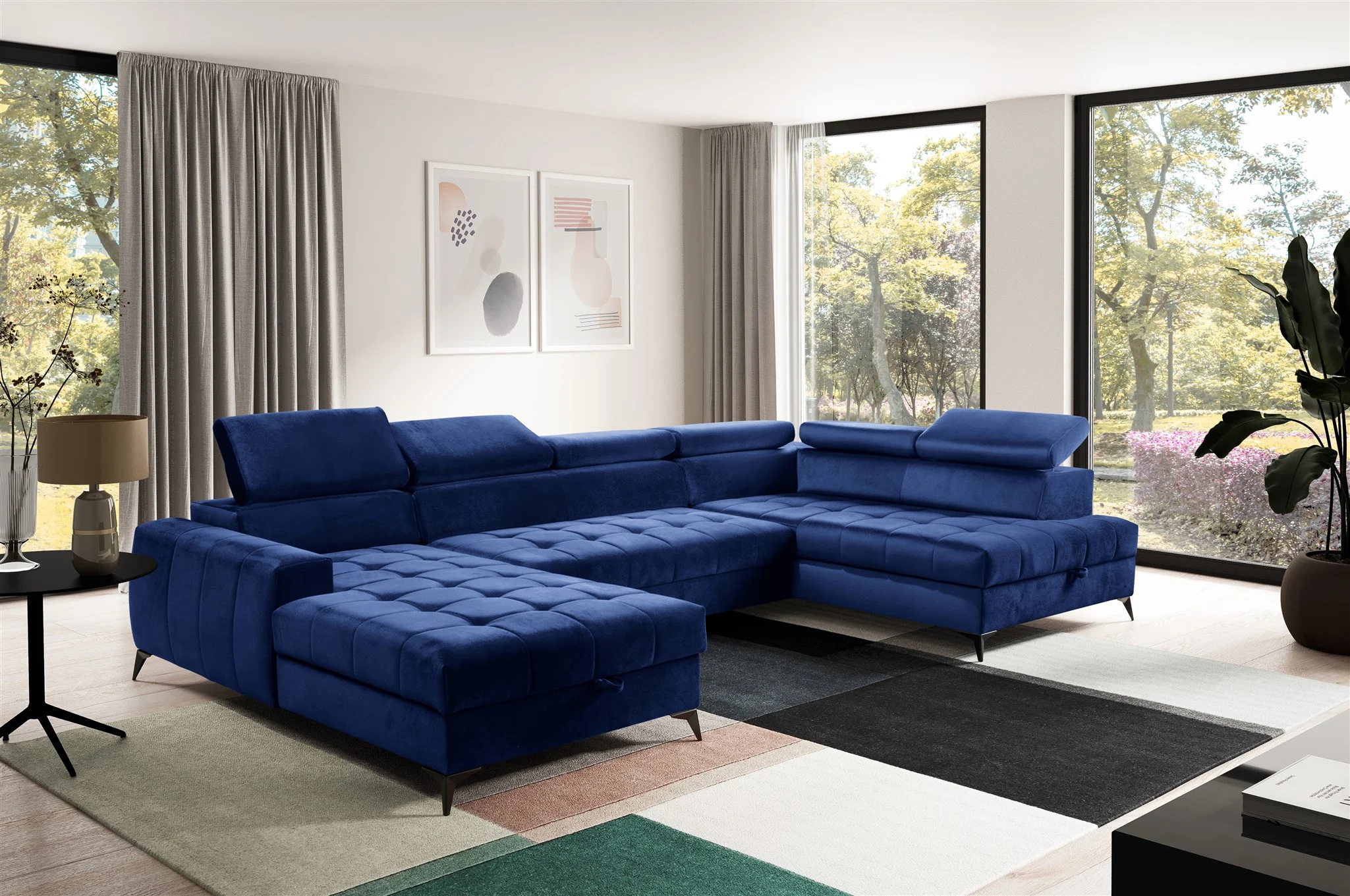 Wohnlandschaft Schlafsofa AGNESA Stoff Salvador Dunkelblau Ottomane Links - Fun Möbel