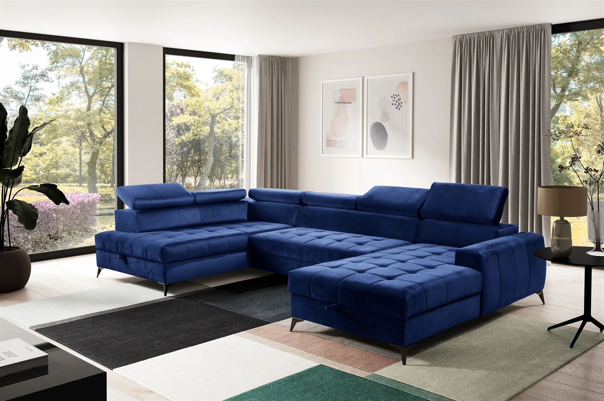 Wohnlandschaft Schlafsofa AGNESA Stoff Salvador Dunkelblau Ottomane Rechts - Fun Möbel