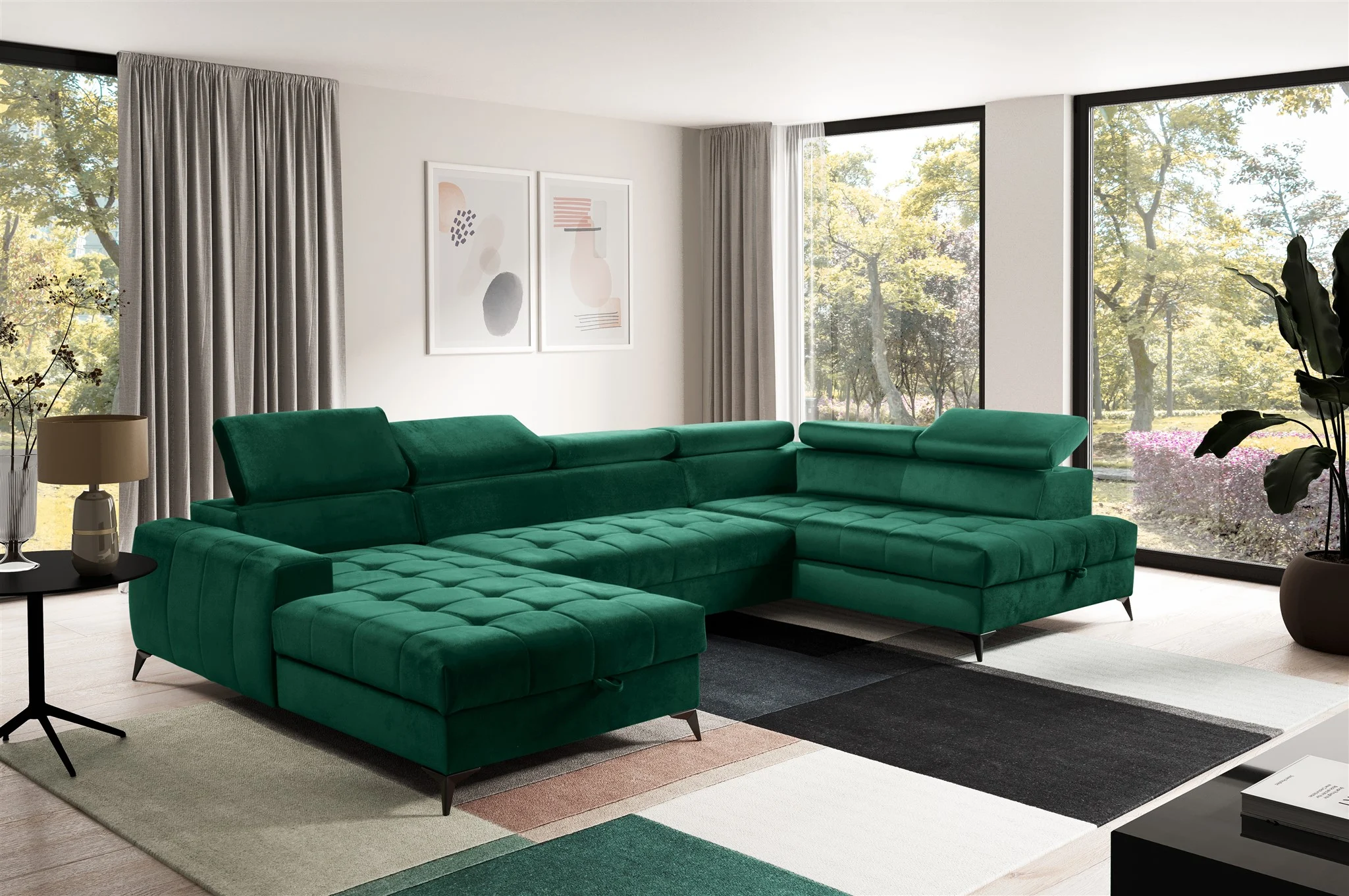 Wohnlandschaft Schlafsofa AGNESA Stoff Salvador Dunkelgrün Ottomane Links - Fun Möbel