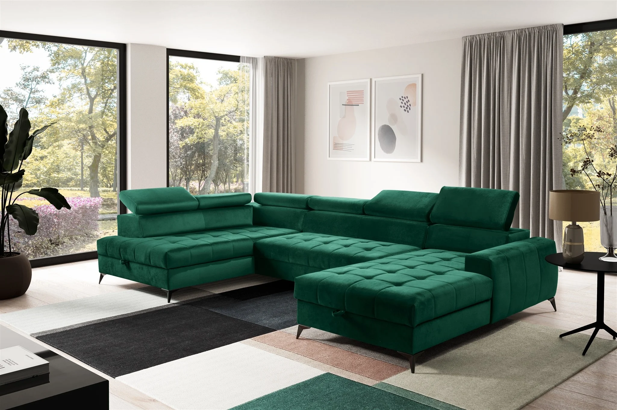 Wohnlandschaft Schlafsofa AGNESA Stoff Salvador Dunkelgrün Ottomane Rechts - Fun Möbel