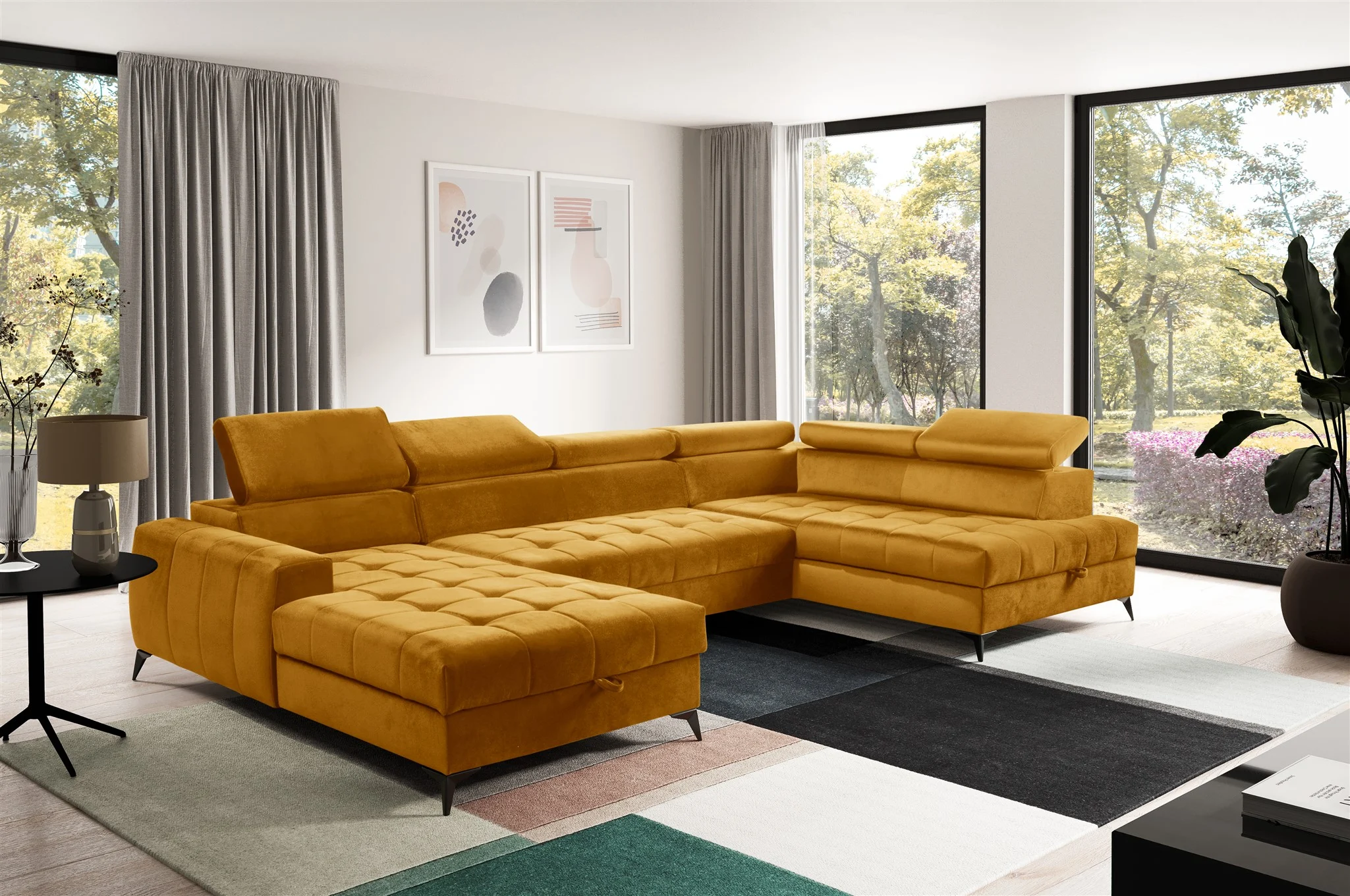 Wohnlandschaft Schlafsofa AGNESA Stoff Salvador Honiggelb Ottomane Links - Fun Möbel