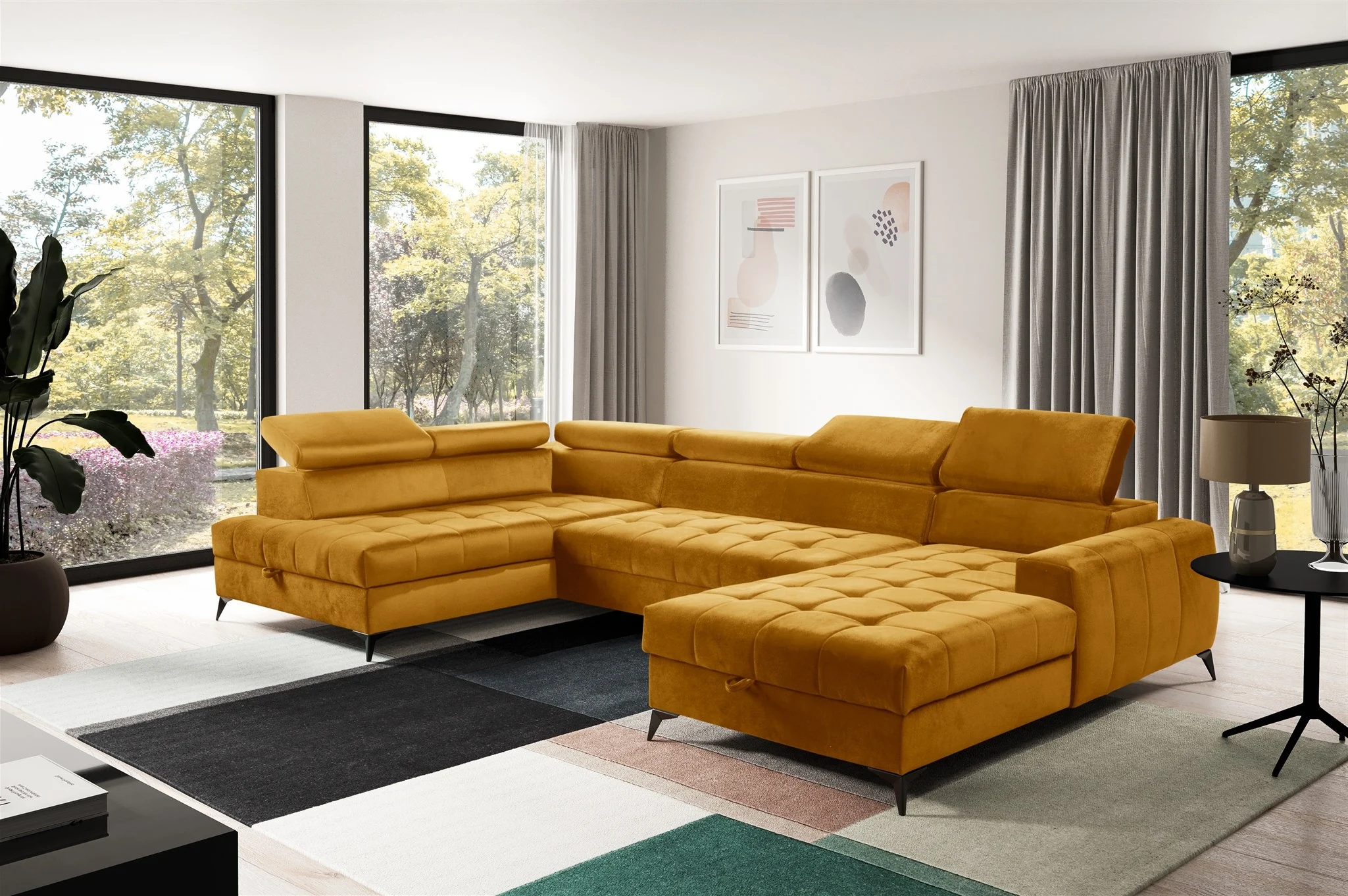 Wohnlandschaft Schlafsofa AGNESA Stoff Salvador Honiggelb Ottomane Rechts - Fun Möbel