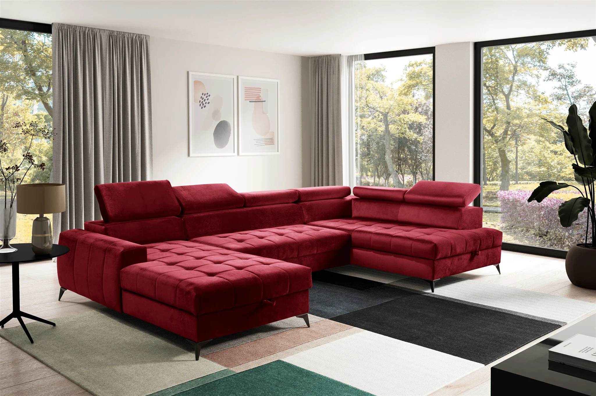 Wohnlandschaft Schlafsofa AGNESA Stoff Salvador Weinrot Ottomane Links - Fun Möbel