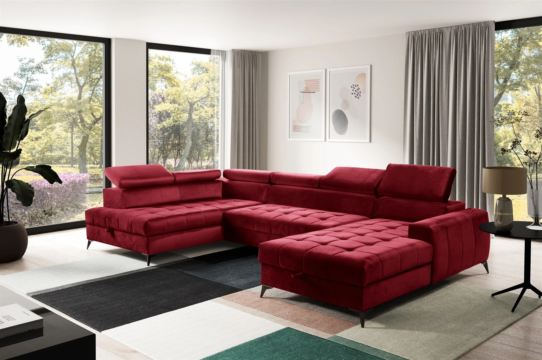 Wohnlandschaft Schlafsofa AGNESA Stoff Salvador Weinrot Ottomane Rechts - Fun Möbel